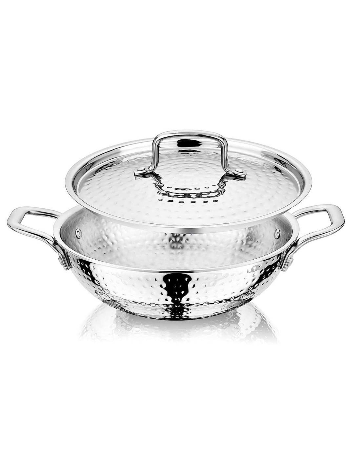Nirlon Silver Stainless Steel 20 cm Induction & Gas Hammered Tri-Ply Deep Kadhai With Lid (1.5 L)