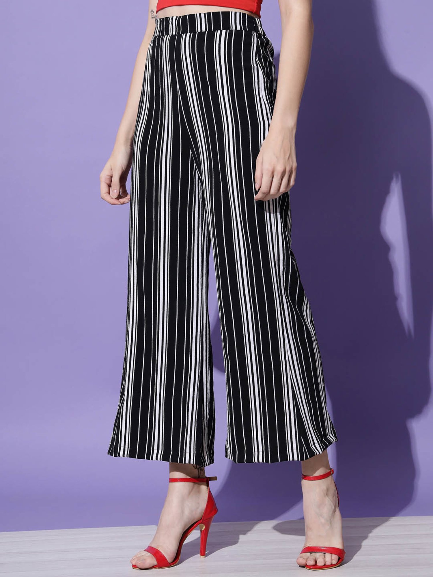 Trend Arrest Black & White Striped Relaxed Fit High Rise Regular Pants