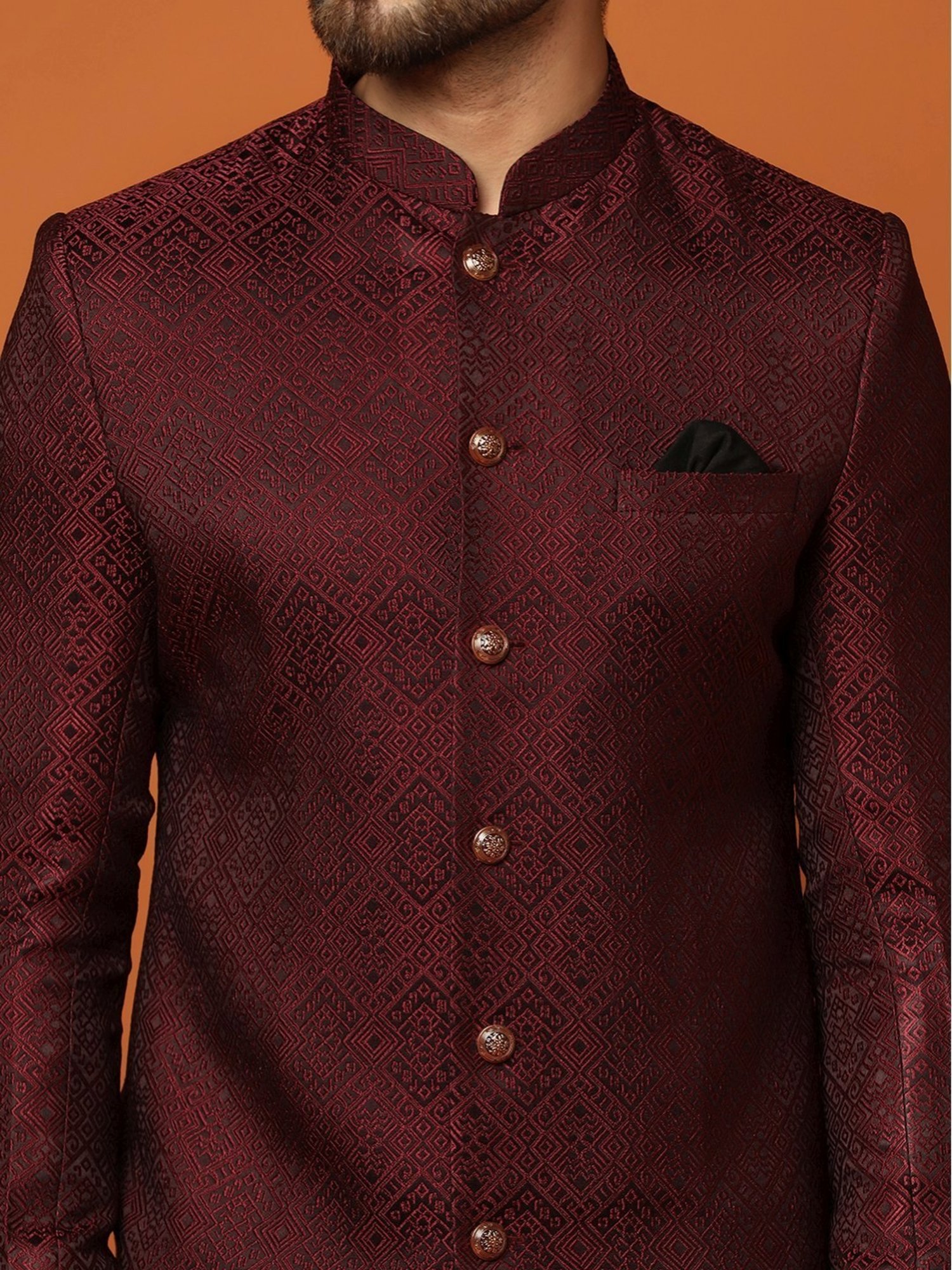 Kisah Maroon Regular Fit Self Pattern Sherwani Jacket