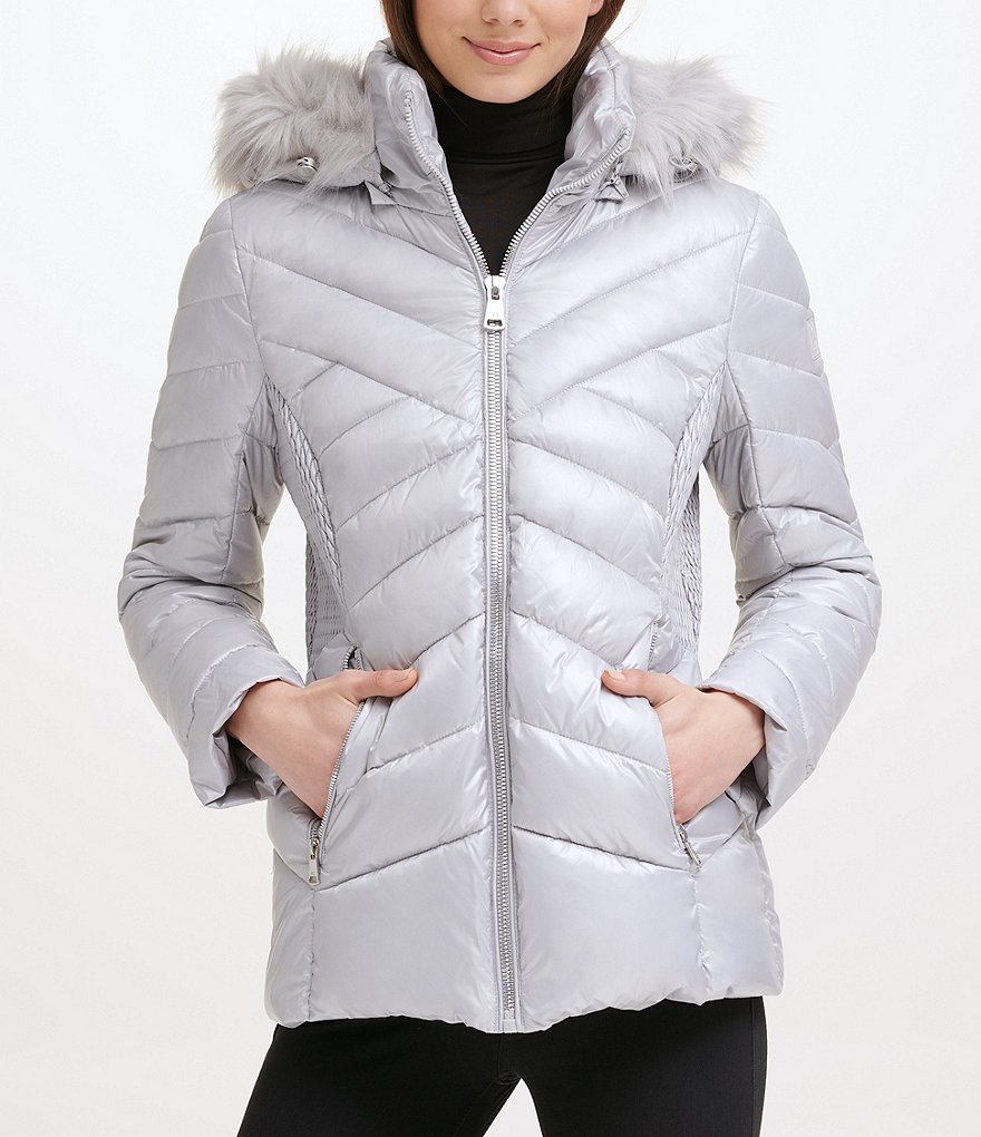 Kenneth Cole New York Water-Resistant Stand Collar Removable Faux Fur Trim Hooded Long Sleeve Chevron Quilted Puffer Jacket