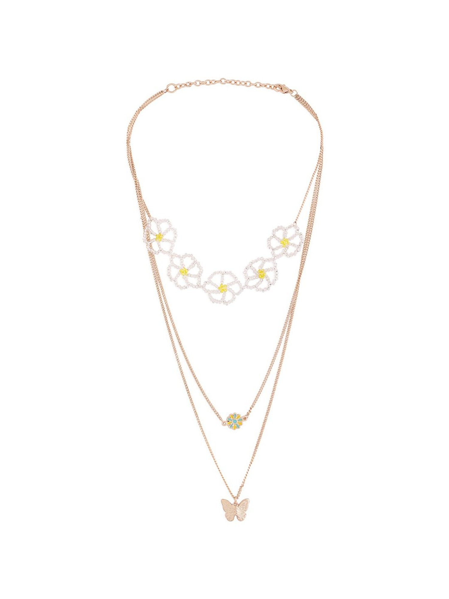 Zaveri Pearls Yellow Flowers Beaded & Butterfly Drop 3 Layers Necklace -ZPFK14046
