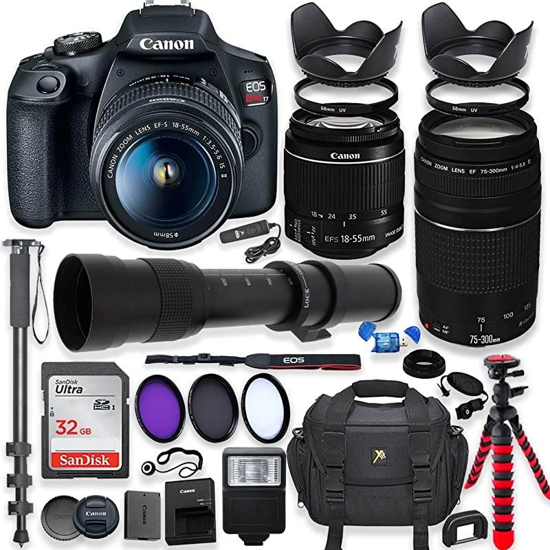 EOS Rebel T7 DSLR Camera with 18-55mm is II Lens Bundle +  EF 75-300mm III Lens & 420-800mm Preset Telephoto Zoom Lens + 32GB Memory + Filters + Spider Tripod + Professional Bundle