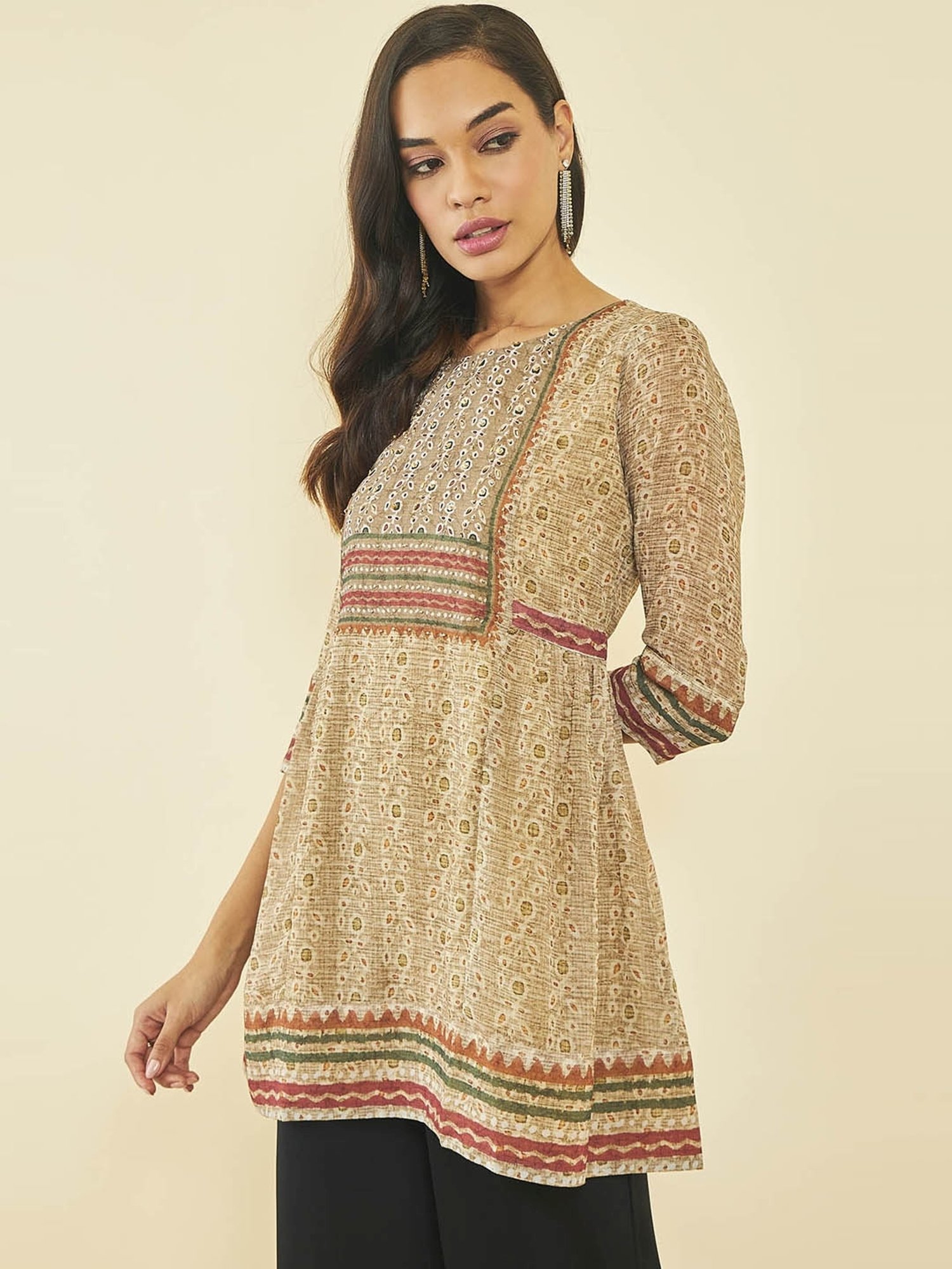 Soch Beige Georgette Floral Print Round-Neck Tunic with Beadwork