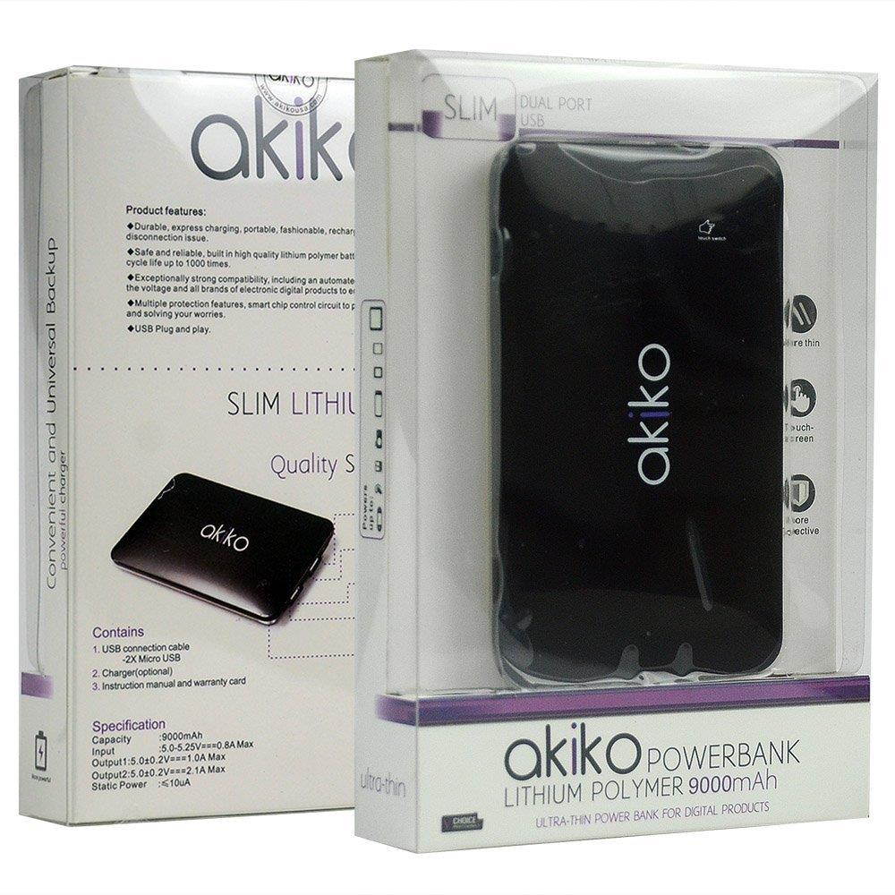 Akiko 9000mAh Ultra Slim Premium External Battery Pack Charger Powerbank with Dual USB Port (2.1A/ 1.5A Output) - Retail Packaging &ndash; Black
