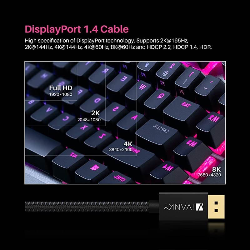 DisplayPort Cable 1.4,  8K DP Cable 6.6ft [8K@60Hz, 4K@144Hz, 1080P@240Hz], Support HBR3, 32.4Gbps, HDCP 2.2, HDR, Compatible for Gaming Monitor, TV, PC, Laptop and More