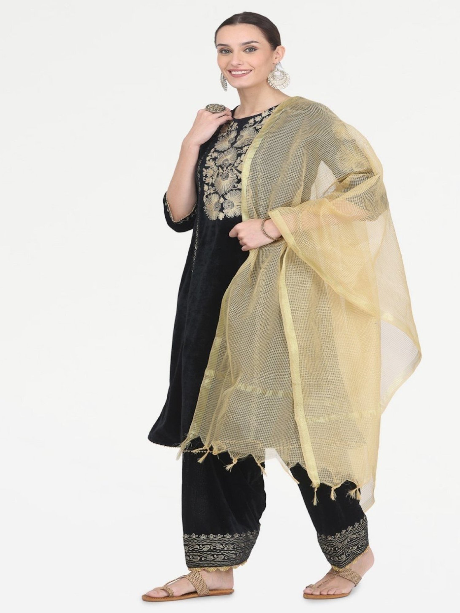 Kaanchie Nanggia Black Embroidered Kurta Salwar with Chanderi Dupatta
