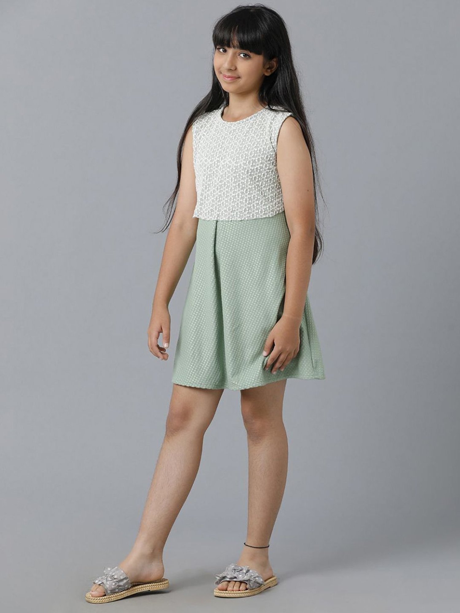 Under Fourteen Only Kids Green Cotton Embossed Dress