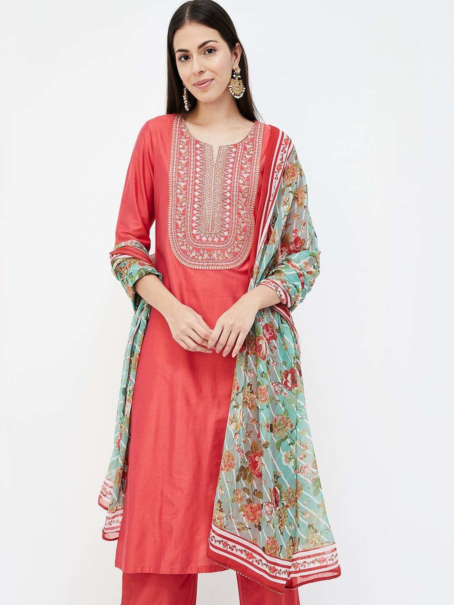 Melange by Lifestyle Red Embroidered Kurta Pant Set With Dupatta