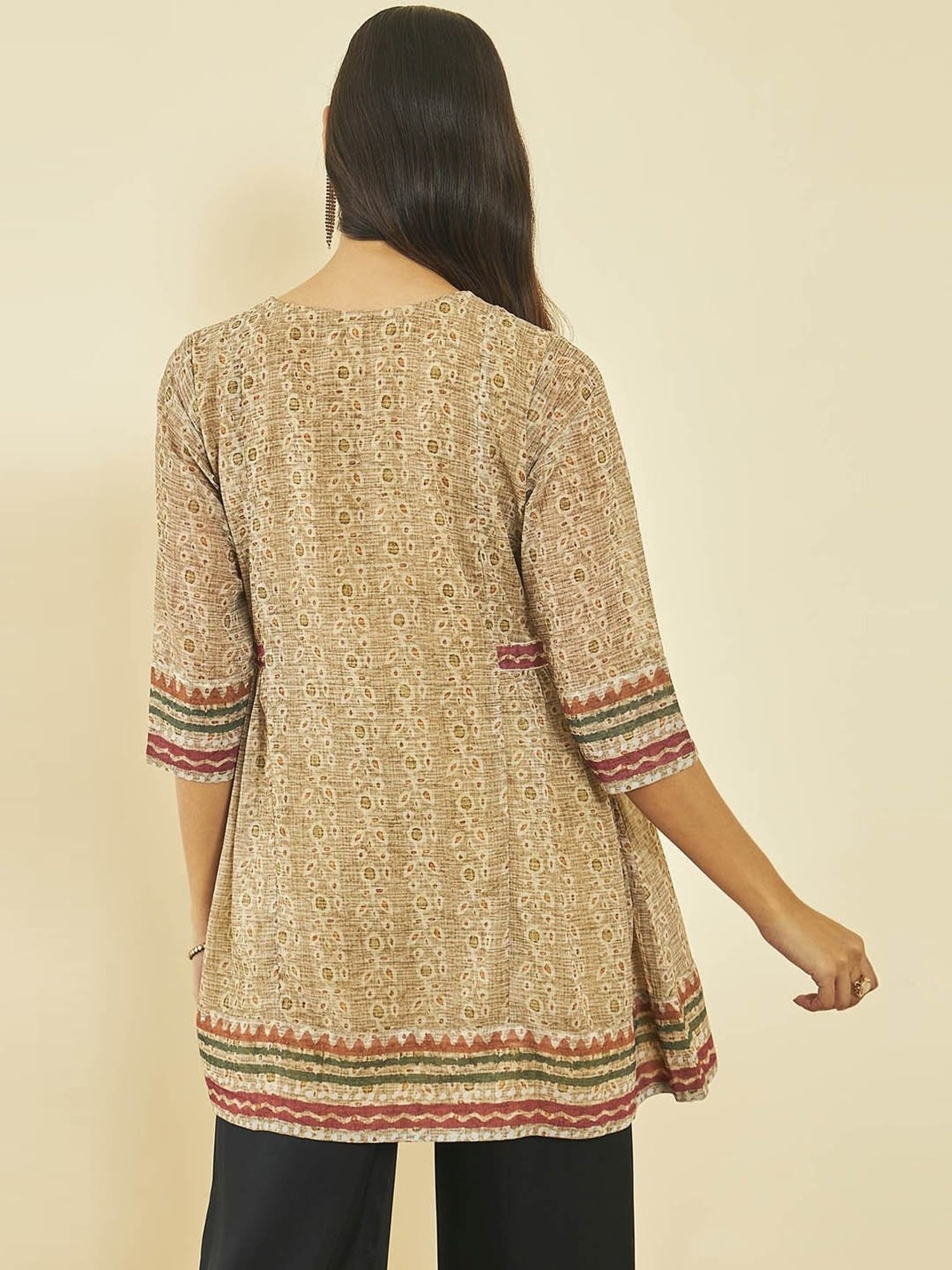 Soch Beige Georgette Floral Print Round-Neck Tunic with Beadwork