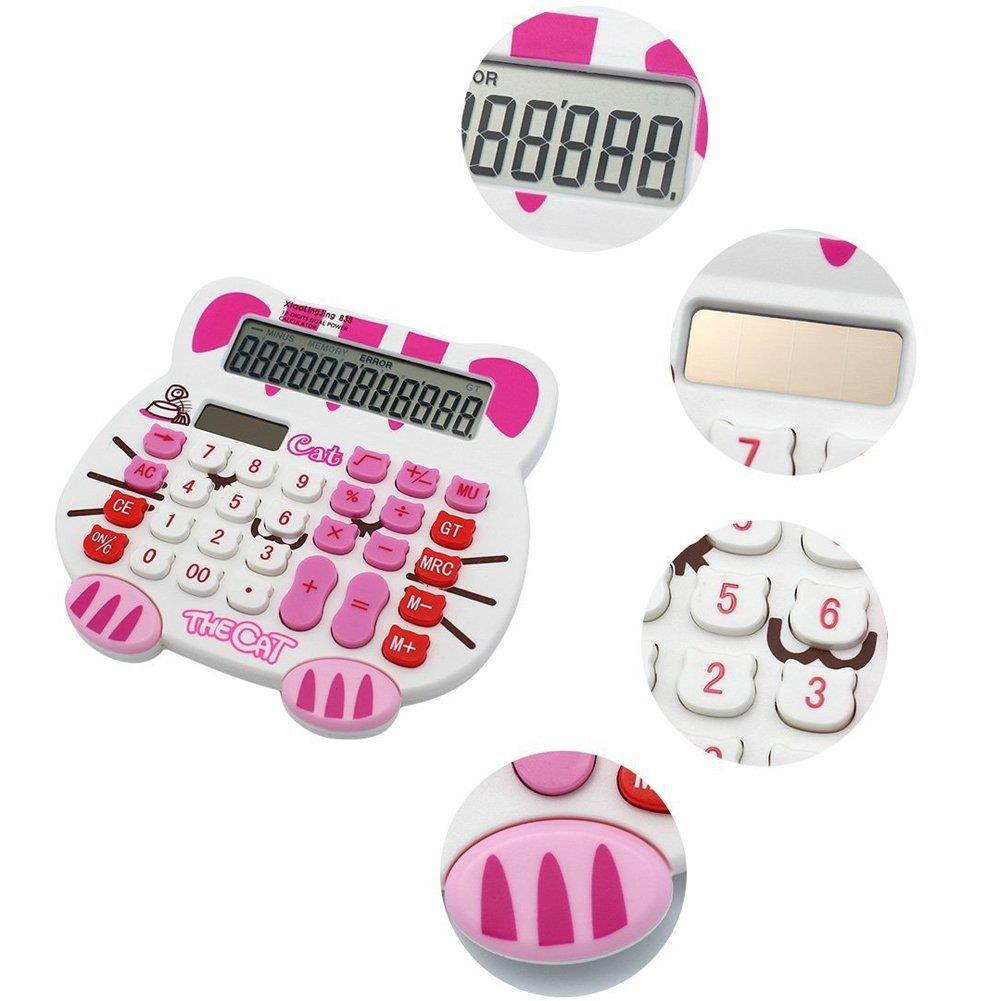 Loghot Adorable Creative 12 Digits Solar Dual Power Cartoon Cat Shape LCD Display Desktop Calculator with Big Screen White