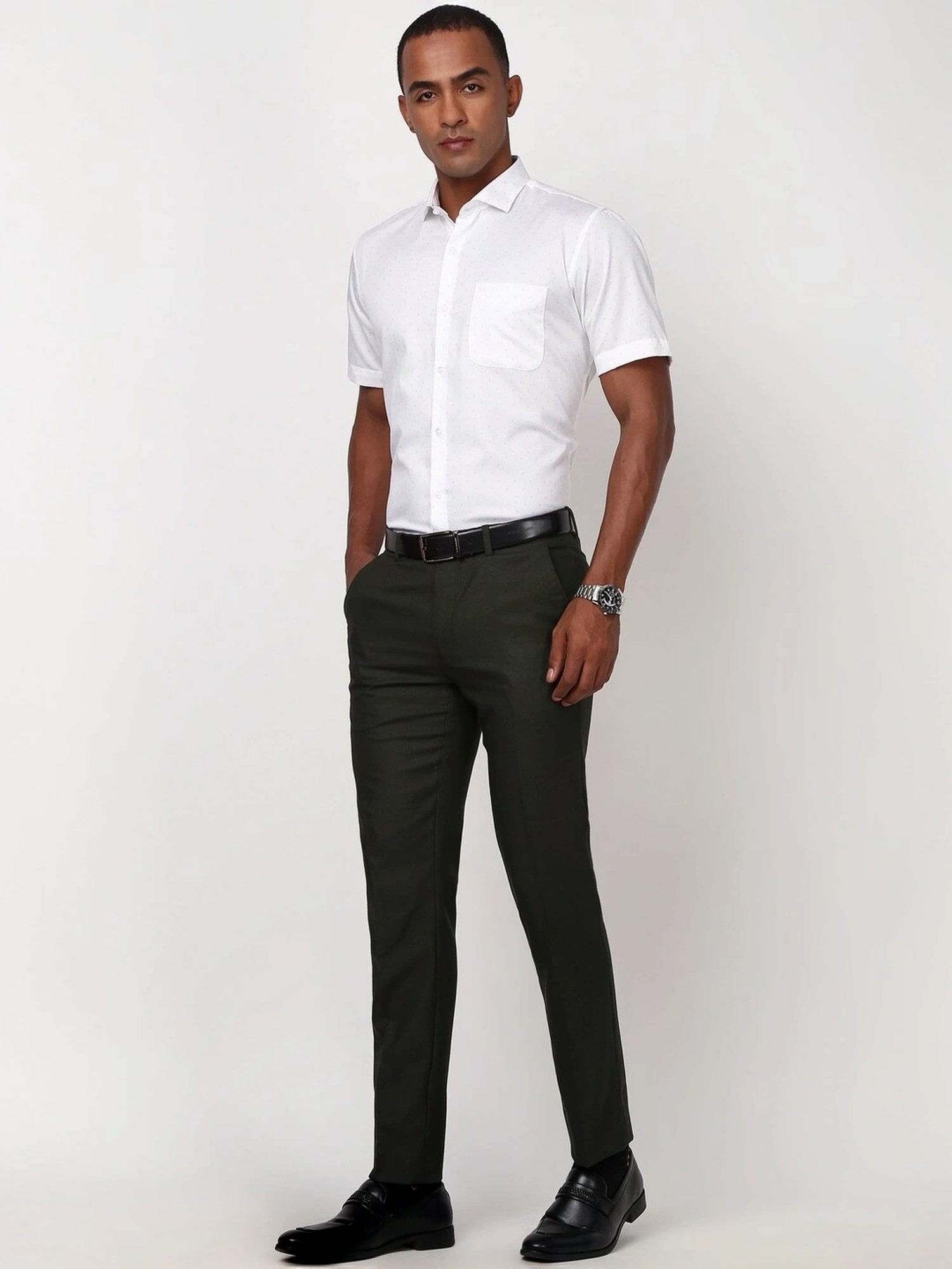 Peter England Olive Slim Fit Self Pattern Trousers