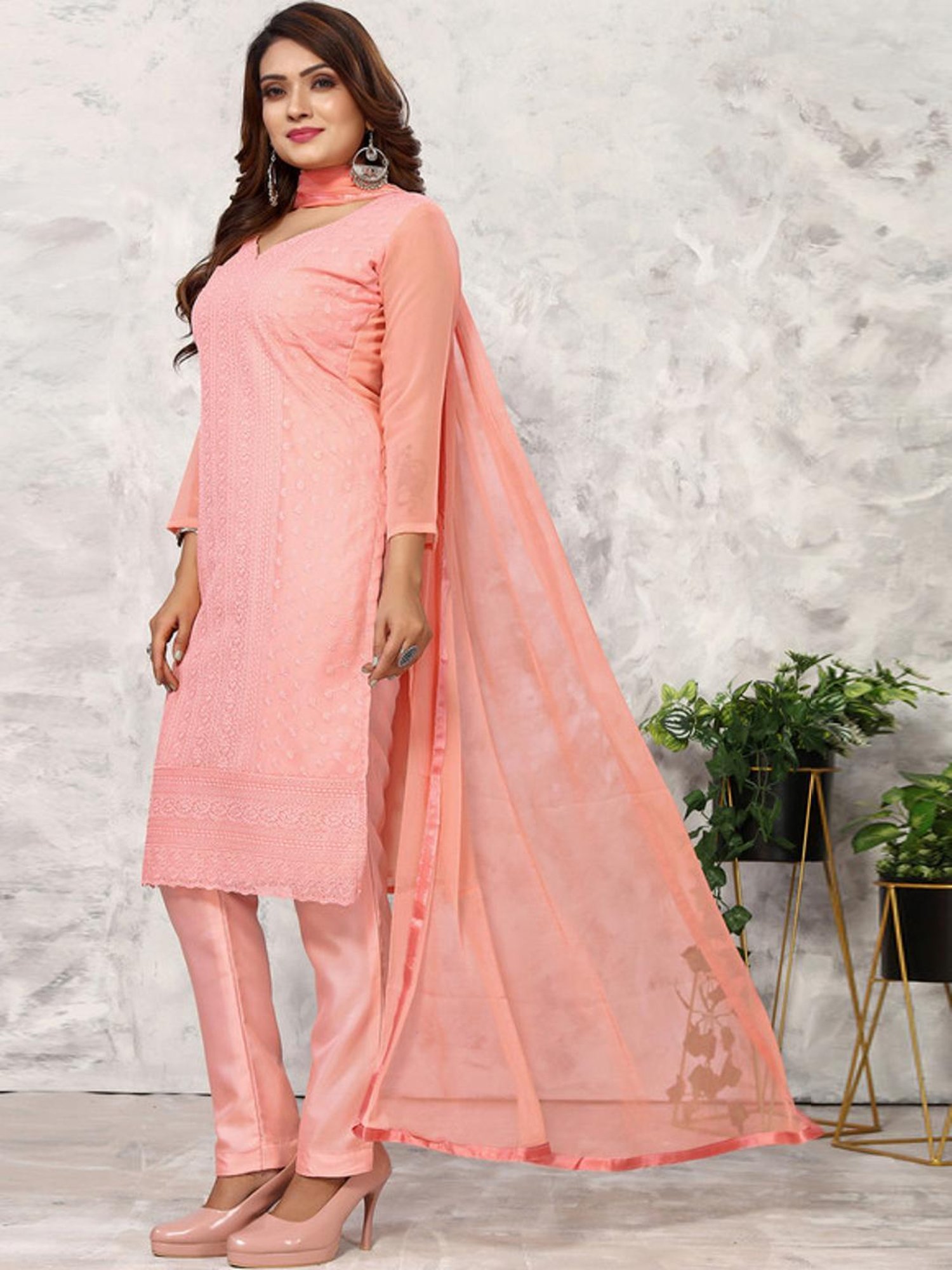 Skylee Peach Embroidered Kurta Pant Set With Dupatta