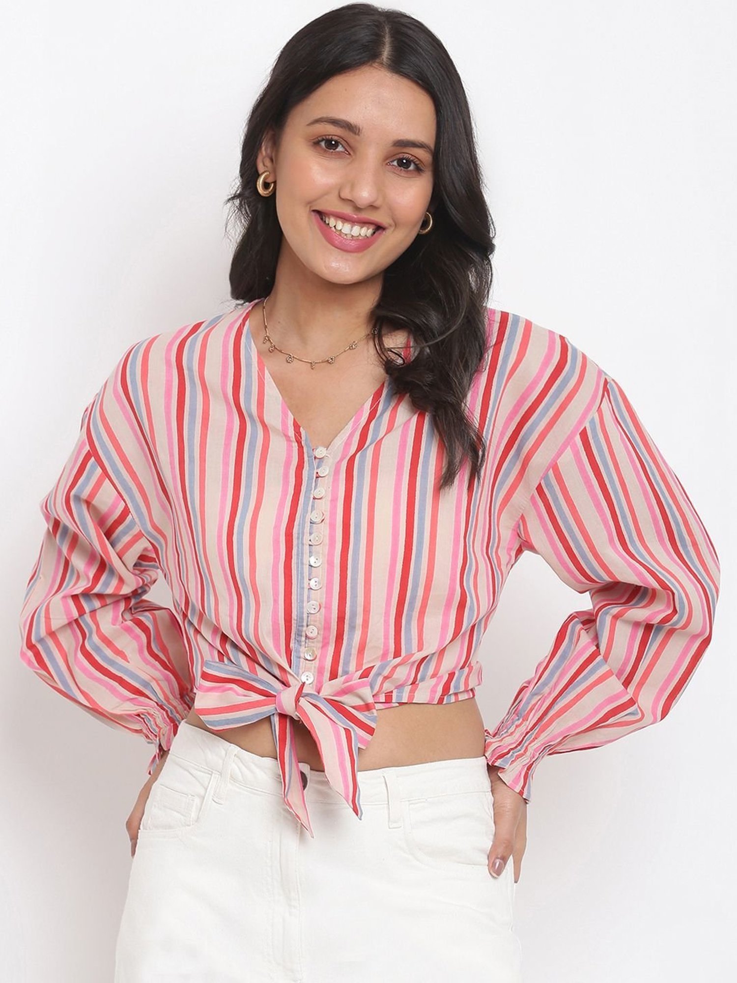 Fabindia Pink Cotton Striped Top