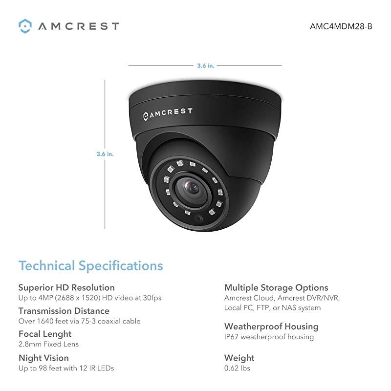 UltraHD 4MP HDAnalog Dome Outdoor Security Camera 4MP 2688x1520 65ft Night Vision IP67 Weatherproof Metal Housing 28mm Lens 997&deg; Viewing Angle 4MP 15fps Black AMC4MDM28B