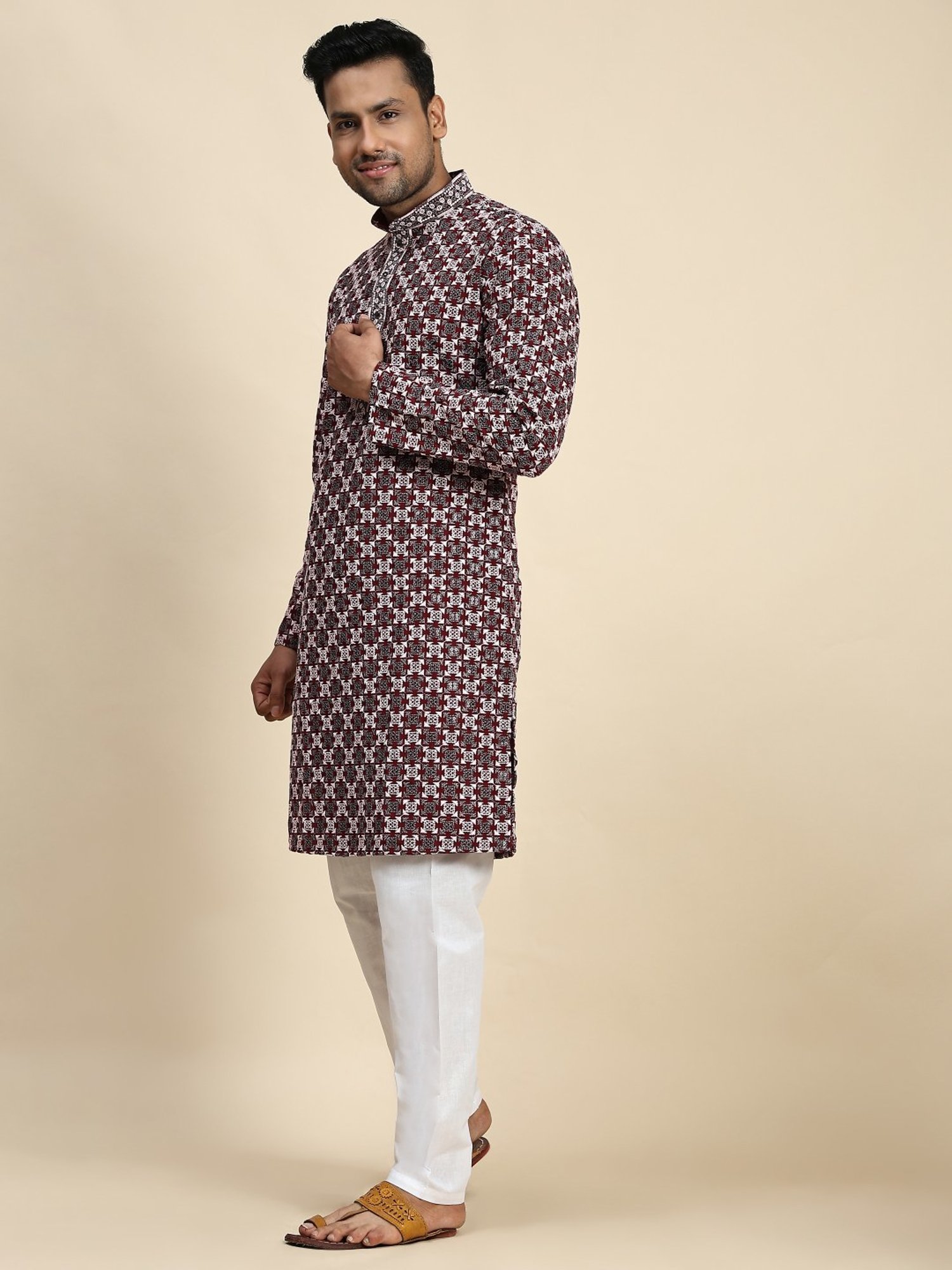 Pro-Ethic Style Developer Maroon & White Cotton Regular Fit Embellished Kurta Bottom Set