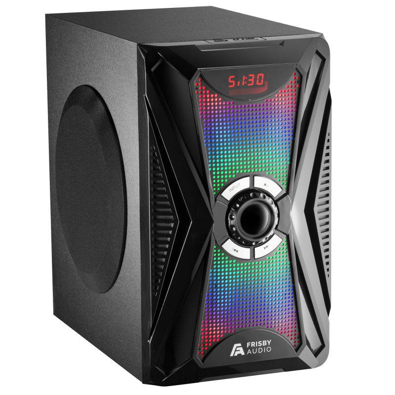 Frisby Audio 125 Watt Home Theater 5.1 Surround Sound Speaker System with Subwoofer, Bluetooth Wireless Streaming from Devices & Media Reader, RGB LED Pulse Lighting, Digital Optical Input &ndash; Black