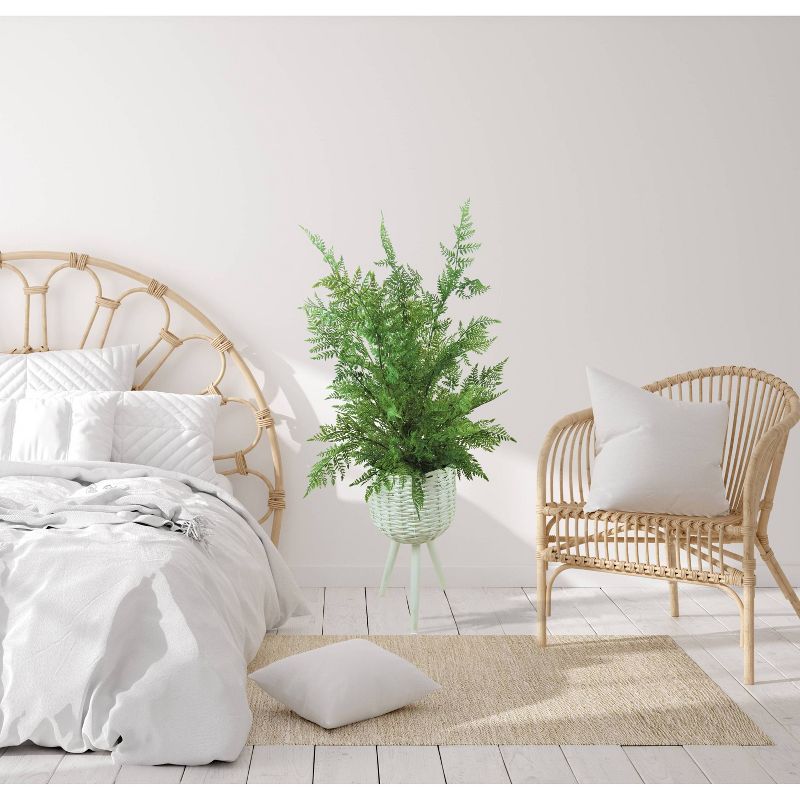 46" x 18" Artificial Fern Leather Leaf Plant in Basket Stand White - LCG Florals