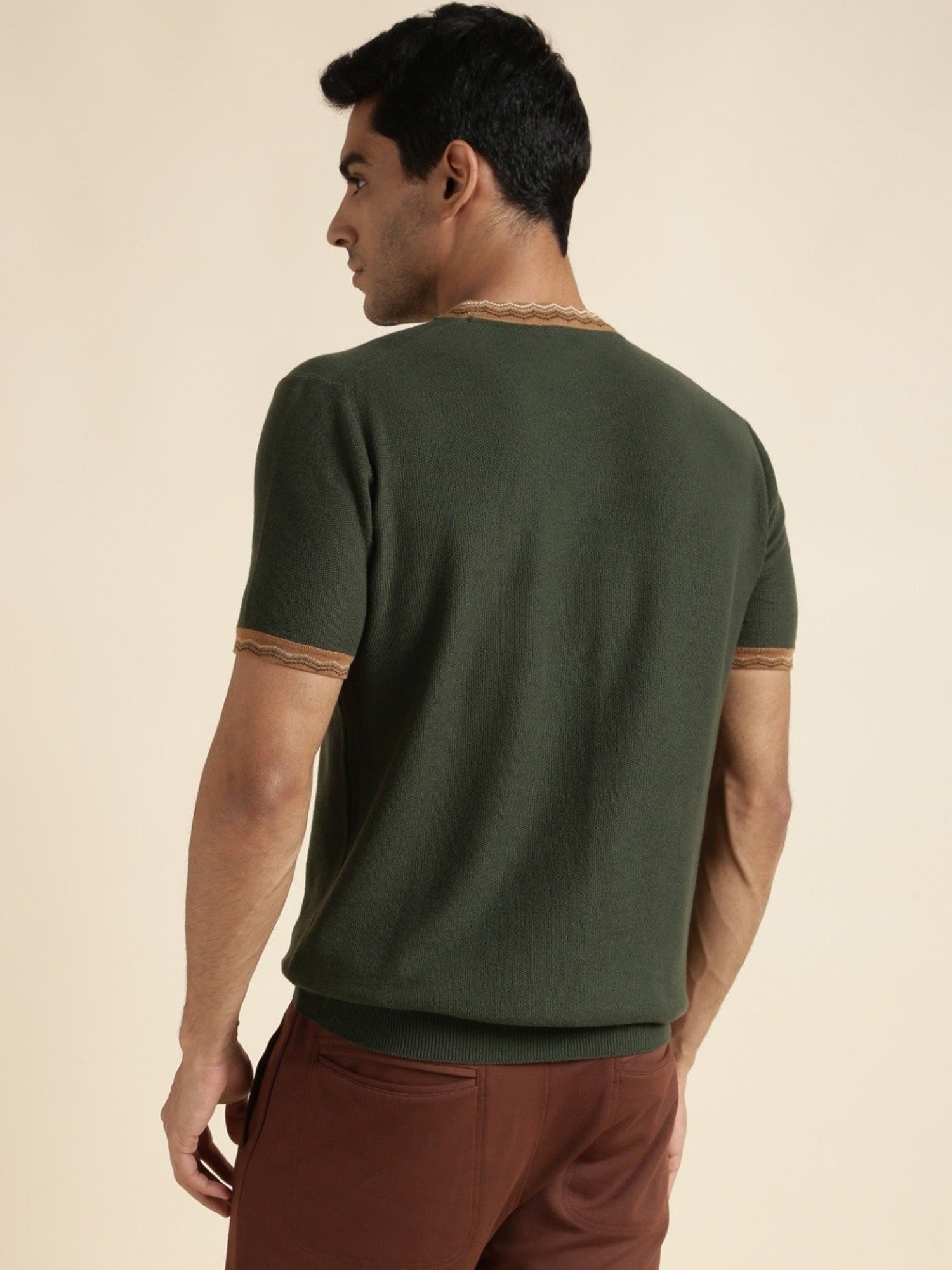 Andamen Olive Regular Fit Self Pattern T-Shirt