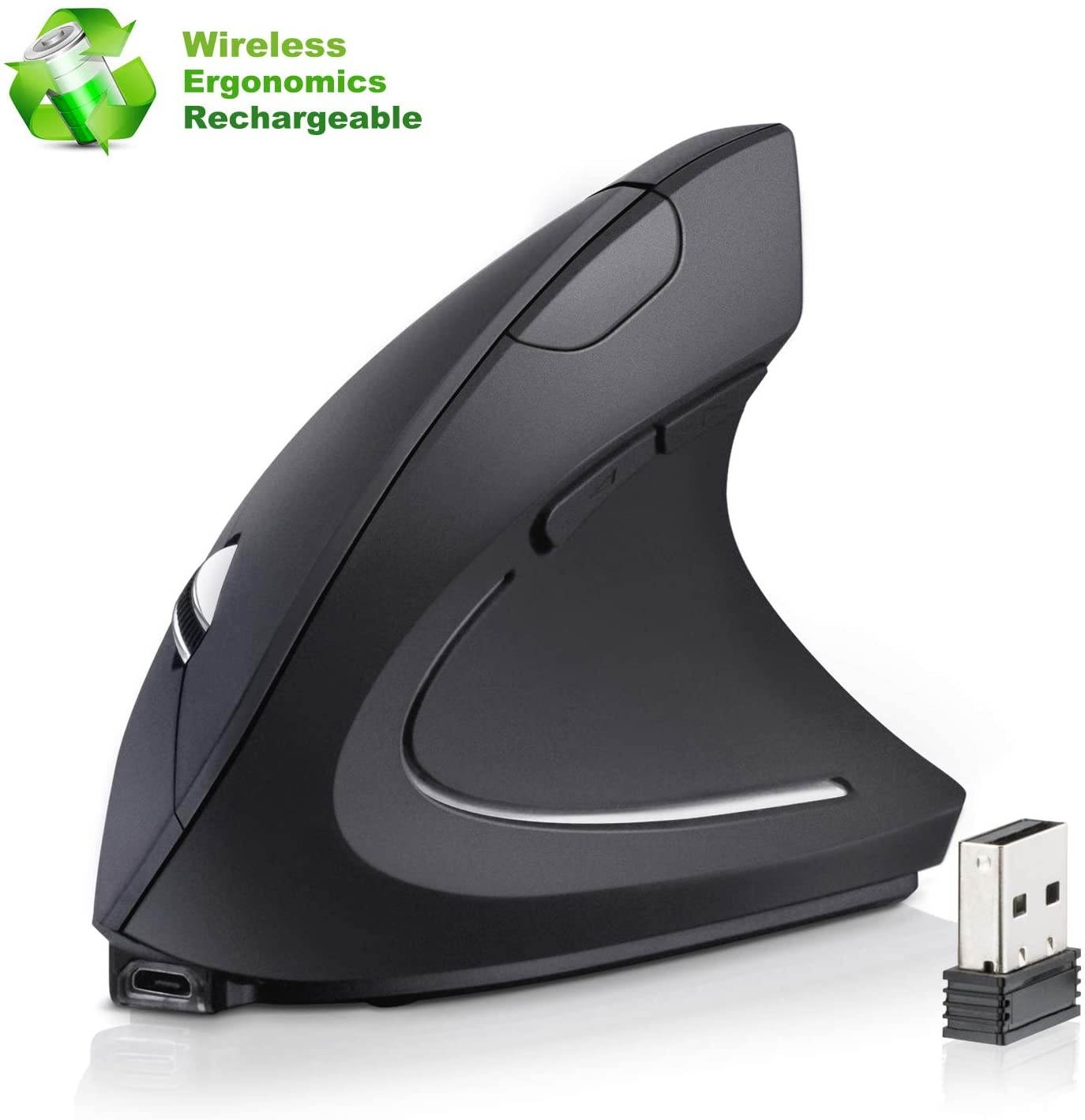 Rechargeable Ergonomic Wireless Mouse, 2.4G USB Optical Vertical Mouse with 3 Adjustable DPI 800/1200/1600 Levels 6 Buttons for Computer, Laptop, PC, MacBook- Black