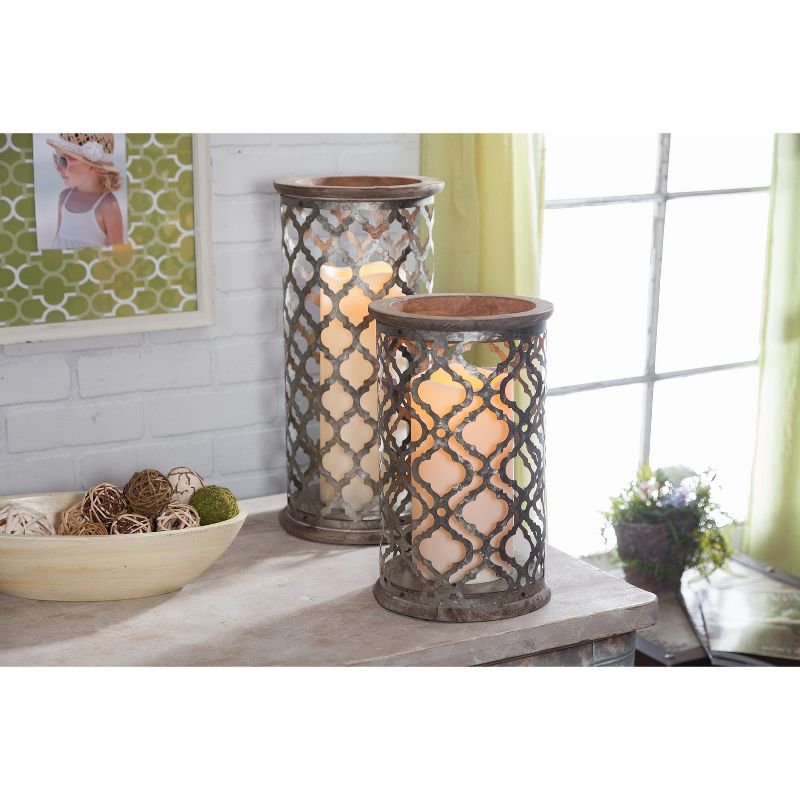 Everlasting Glow 12.99-Inch Tall Wood and Metal Flameless Candle Holder with Die-Cut Ogee Pattern