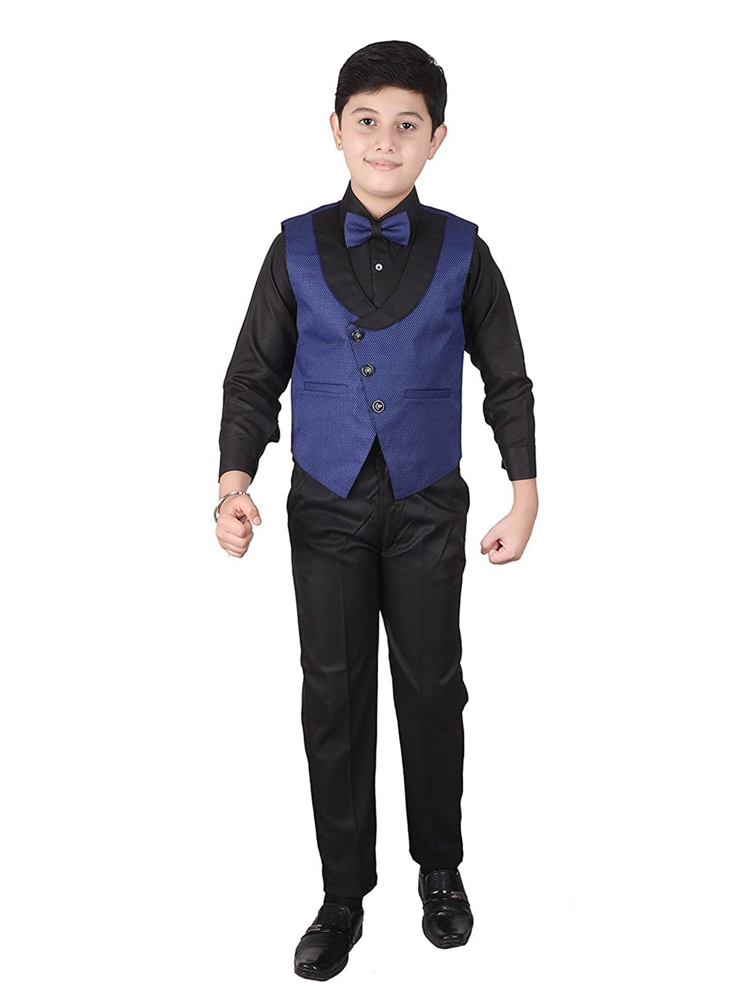 Pro-Ethic Style Developer Kids Navy & Black Printed Full Sleeves Shirt, Waistcoat, Pants with Bow
