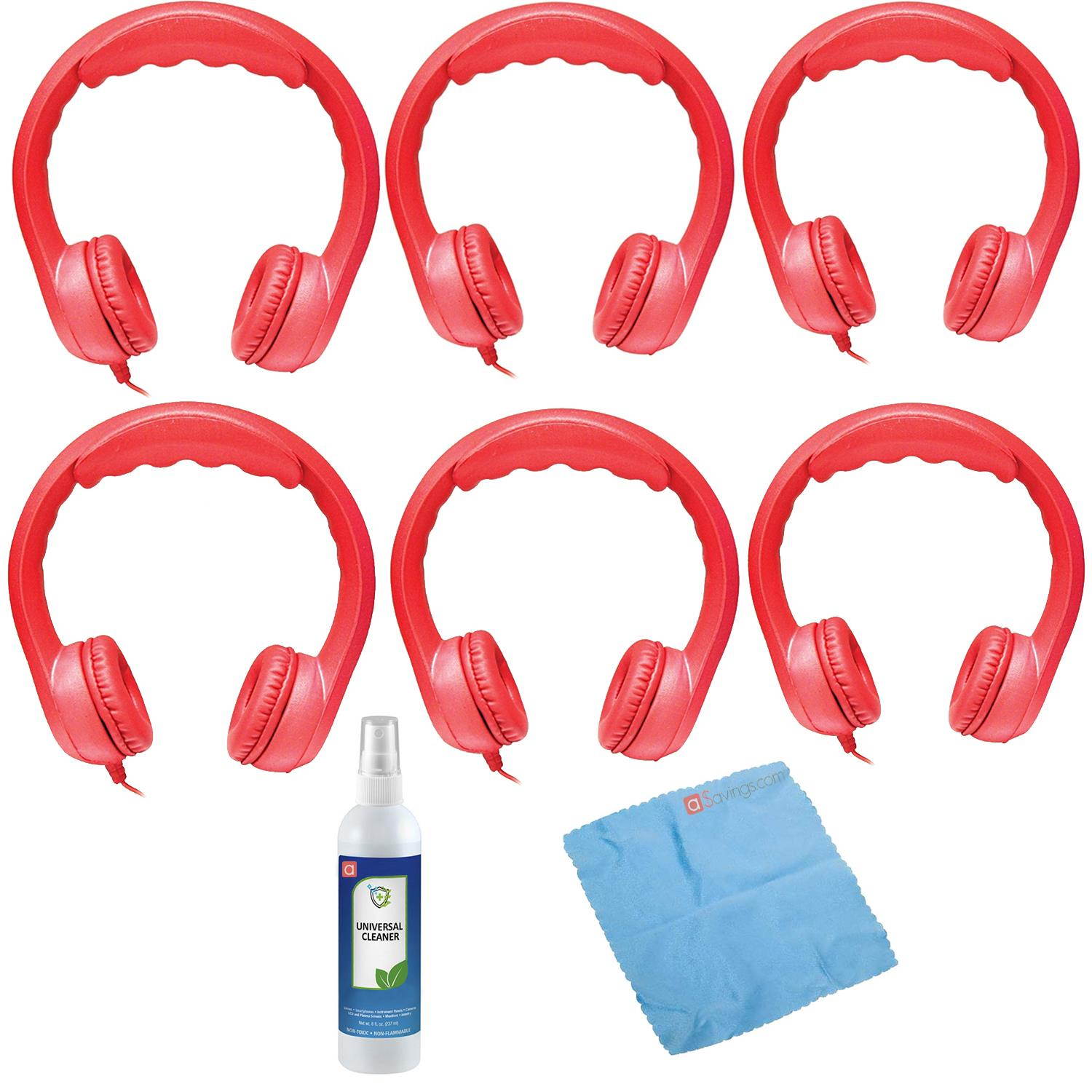 Hamilton Buhl Flex-Phones, Foam Kids Headphones - Red (6 pack) & Cleaning Kit