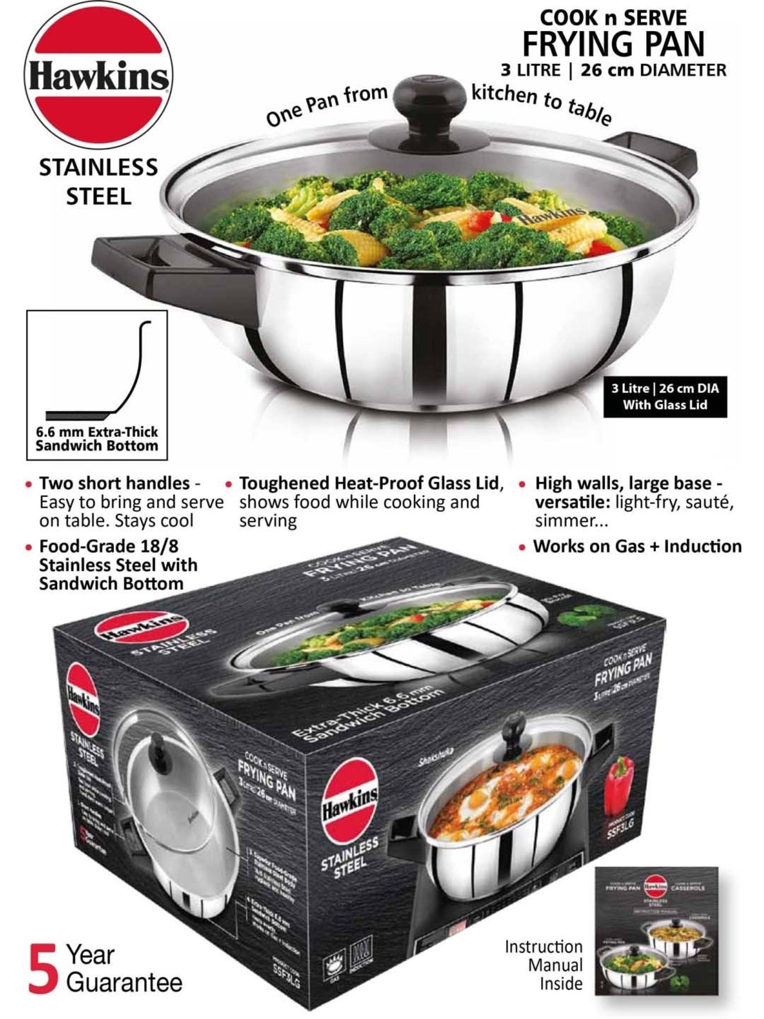 Hawkins Cook N Serve Silver Stainless Steel 26 cm Gas Compatible Fry Pan (3 L) - Set of 1
