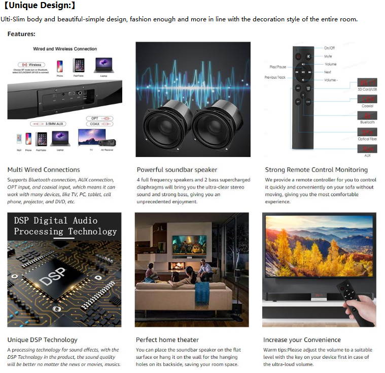 Bluetooth Sound Bar TV Speaker TV Sound Bar Wired and Wireless Bluetooth Home Surround SoundBar for PC Theater TV Speaker Built-in Subwoofers Hifi Stereo Column Surround Soundbar with Remote