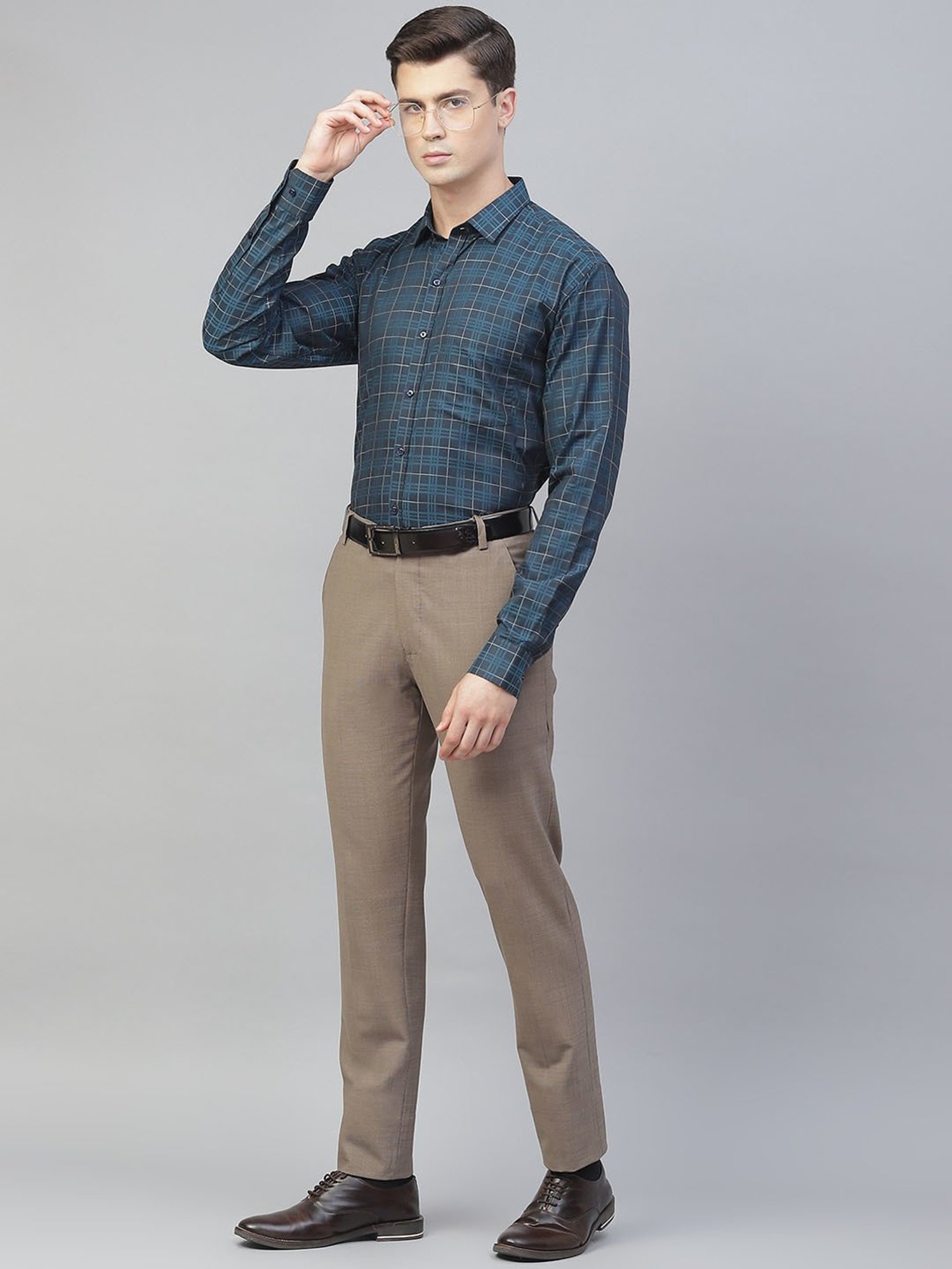 ManQ Teal Cotton Regular Fit Checks Shirt