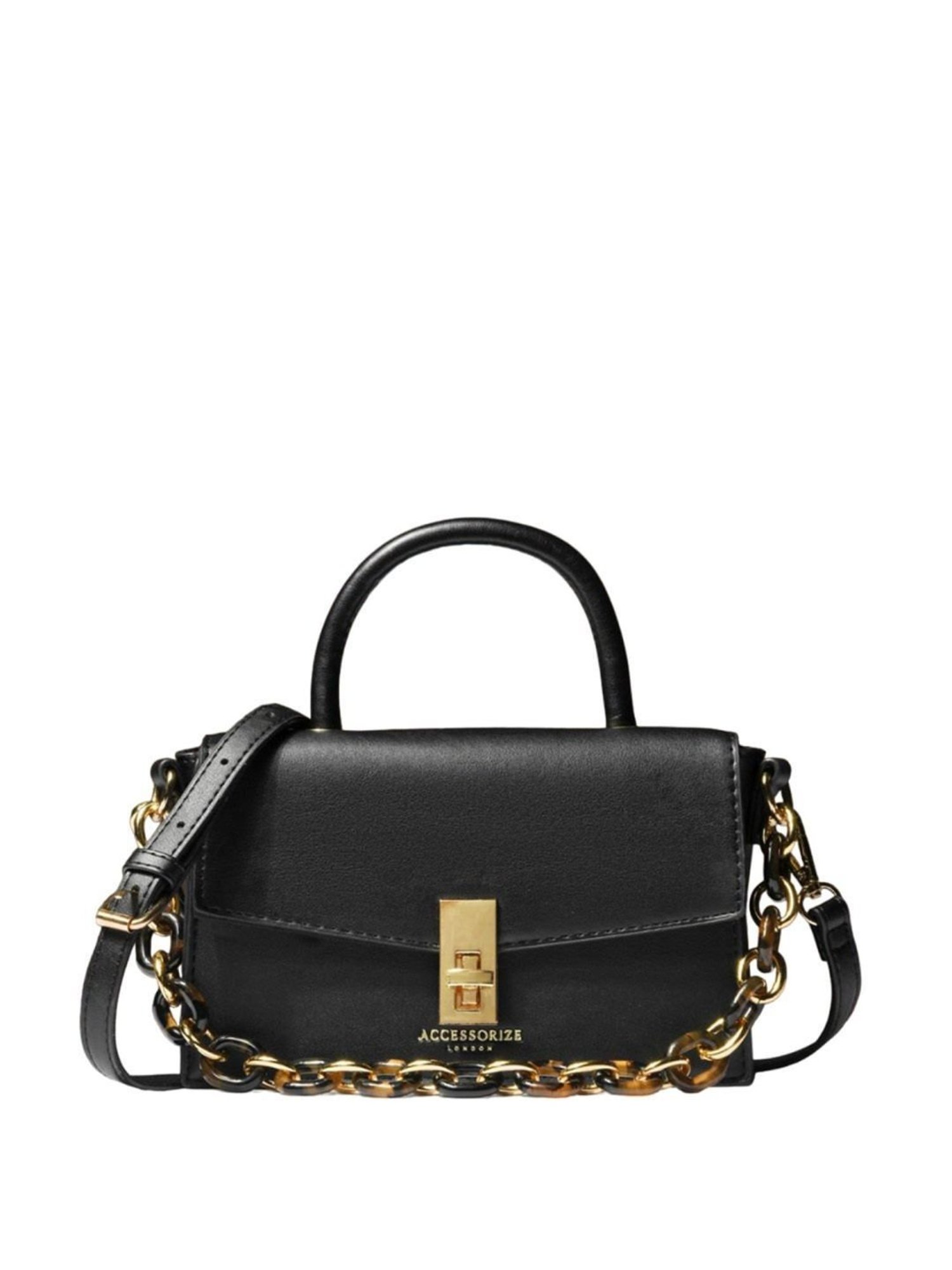 Accessorize London Black Faux Leather Solid Satchel Handbag