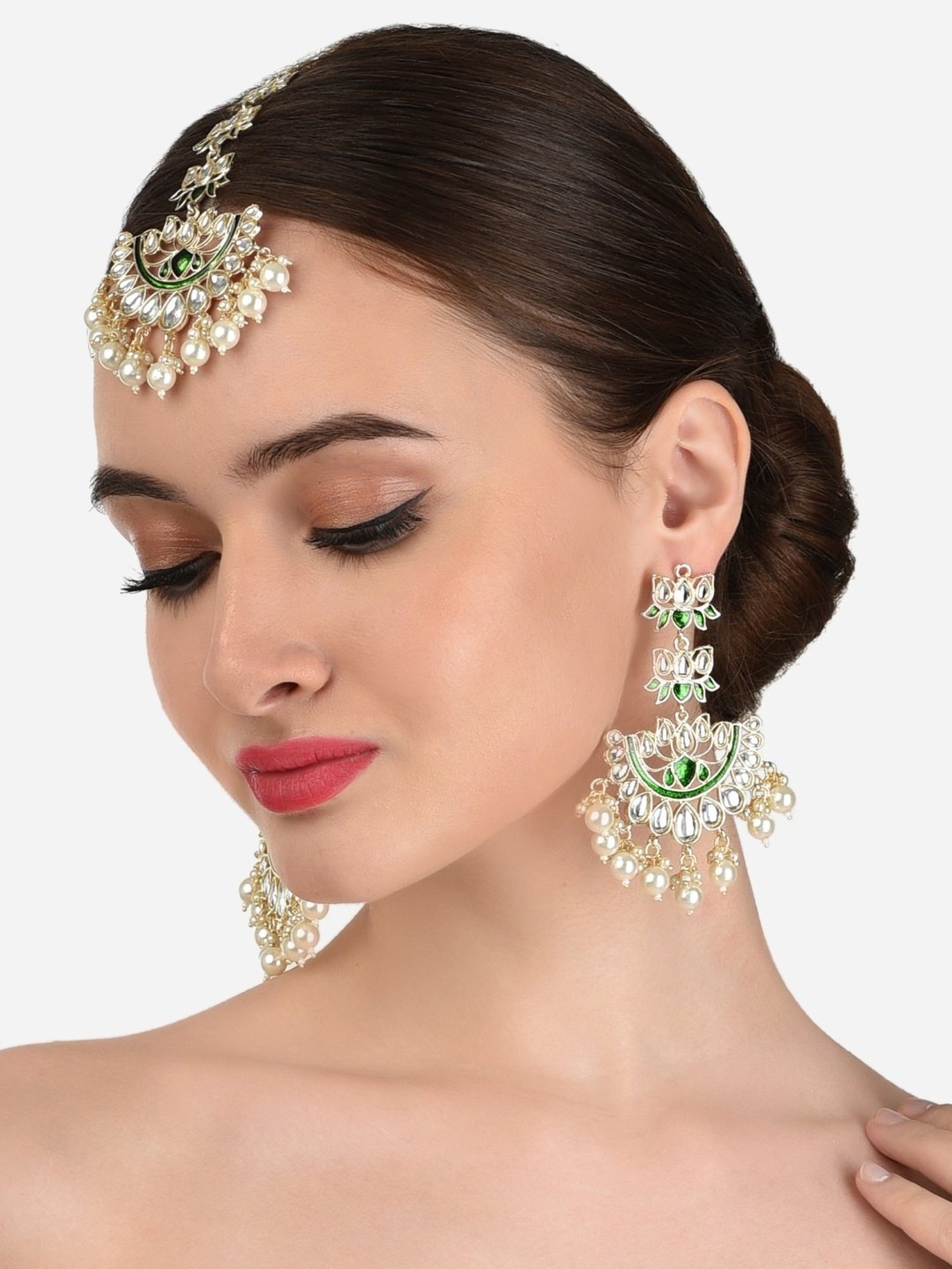 Zaveri Pearls Green Meenakari Lotus Design Kundan Earring & Maangtikka Set
