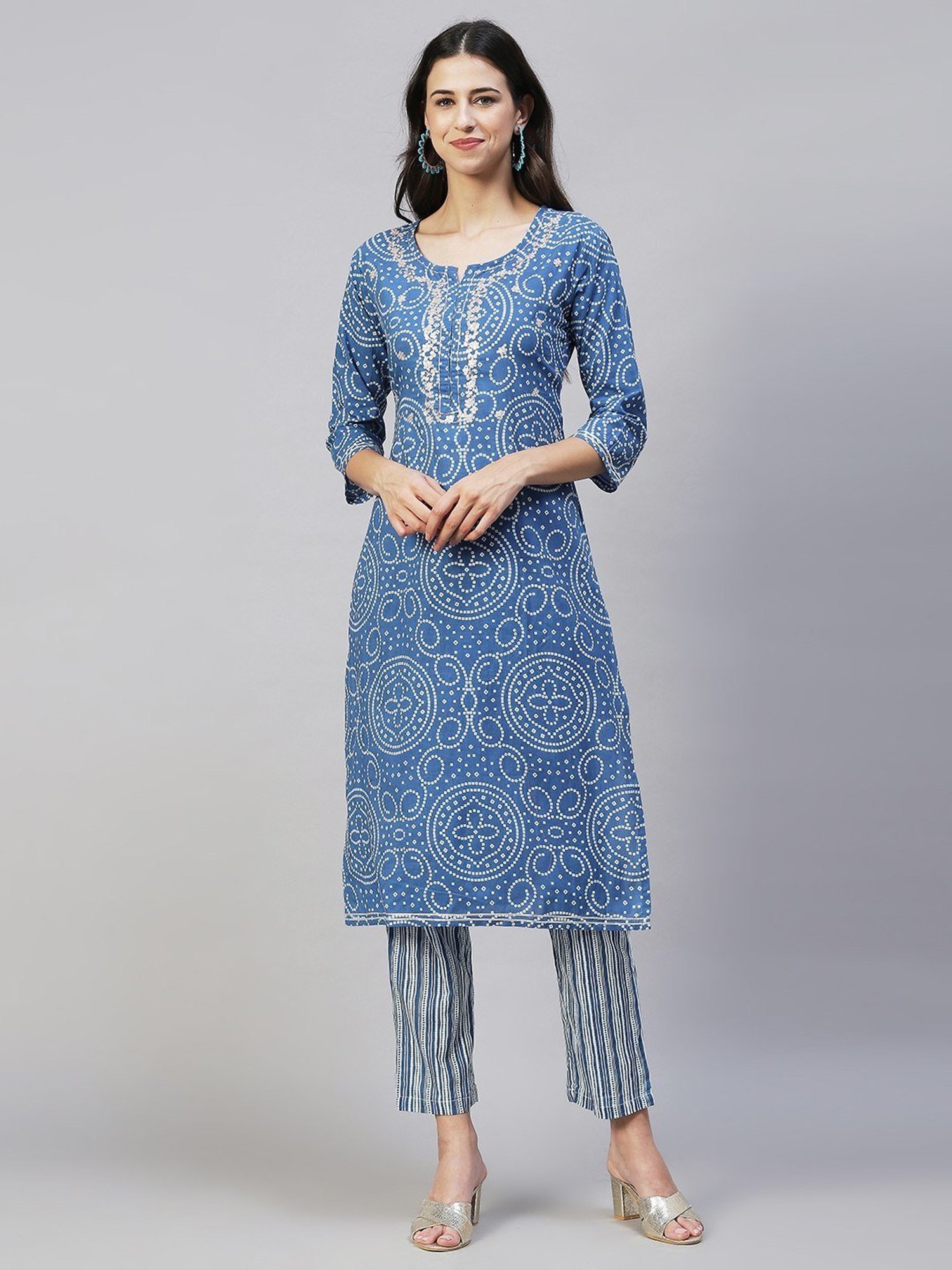 Fashor Blue Cotton Printed Kurta Pant Set