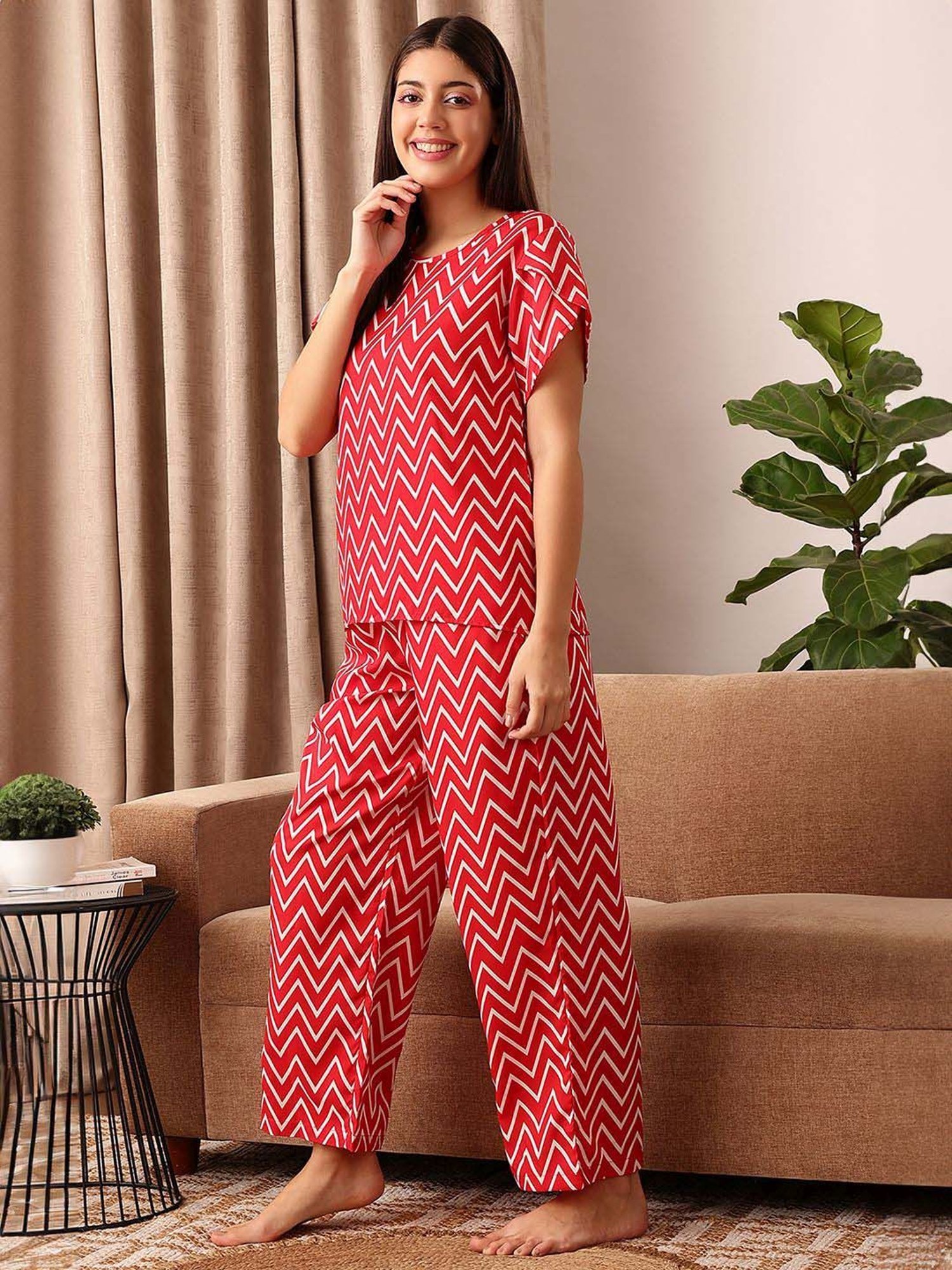 Clovia Red & White Striped Top With Pyjamas