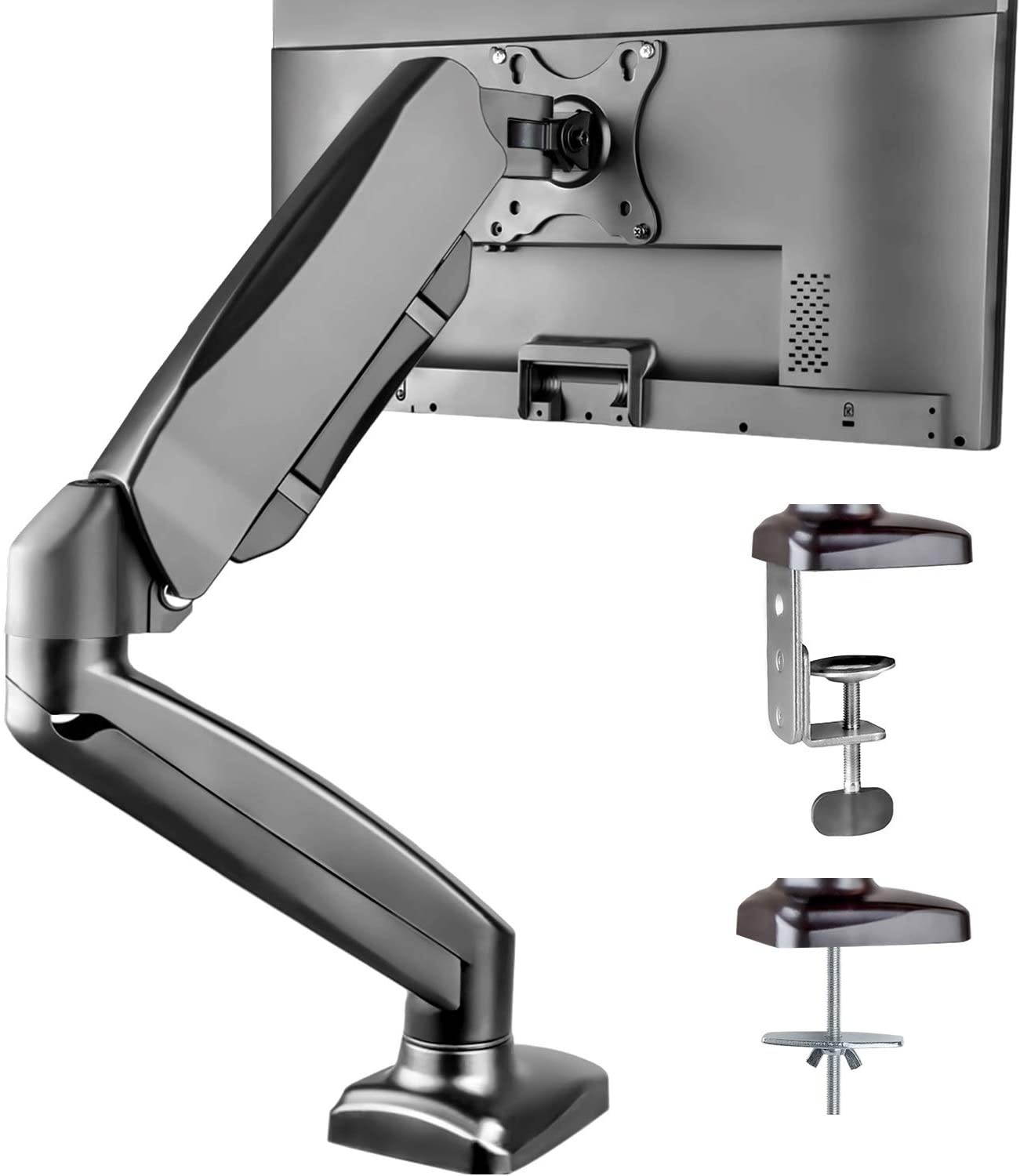 Single Monitor Desk Mount - Articulating Gas Spring Monitor Arm, Adjustable VESA Mount with C Clamp, Grommet Mounting Base, Computer Monitor Stand for Screen up to 32 inch