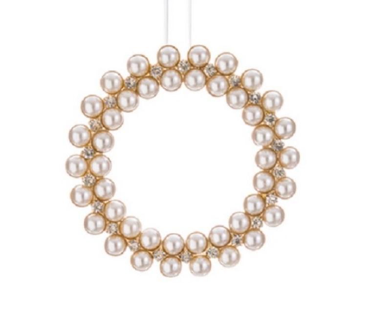 Allstate 5" Rhinestone and Pearl Wreath Christmas Ornament - Gold