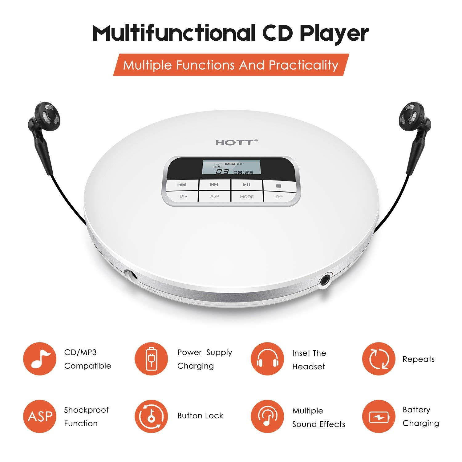 CD Player with Headphones, HOTT Personal CD Walkman Music Player with LCD Display, Skip Protection Shockproof Anti Scratch Function, Support CD, MP3 CD, CD-R, CD-RW Format - Black