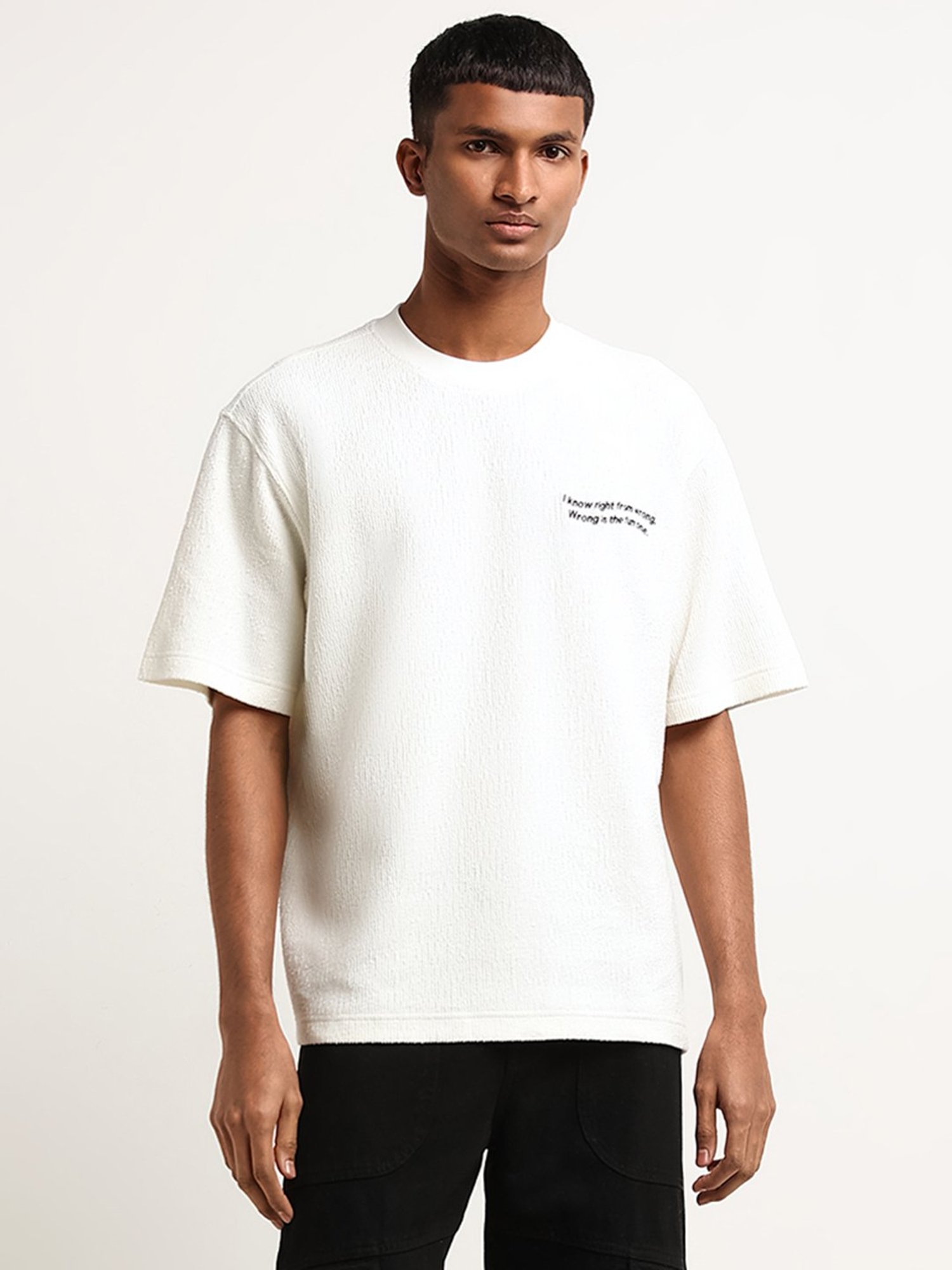 Nuon by Westside Off-White Cotton Relaxed Fit Embroidered T-Shirt