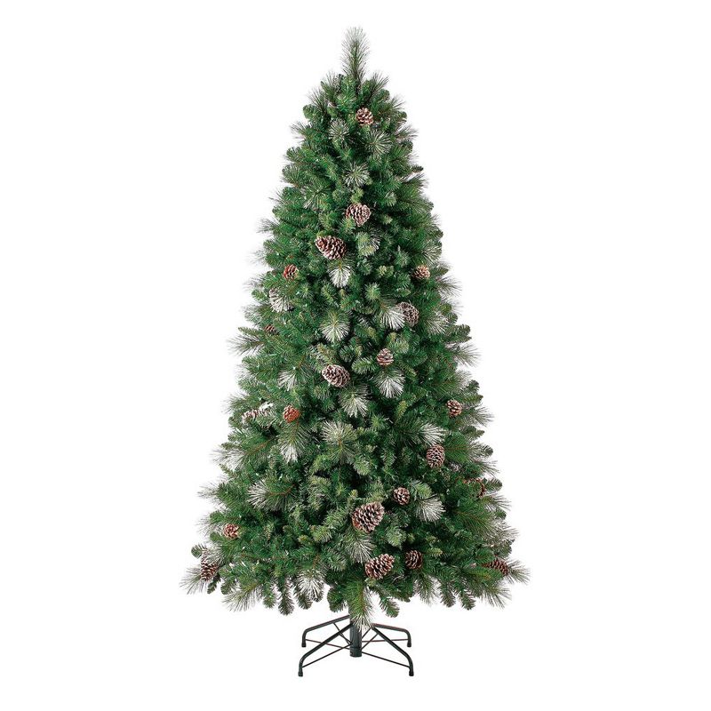 Home Heritage Lincoln 7 Foot Prelit Artificial Christmas Tree with Multicolored Lights, Pine Cone, and Silver Glitter