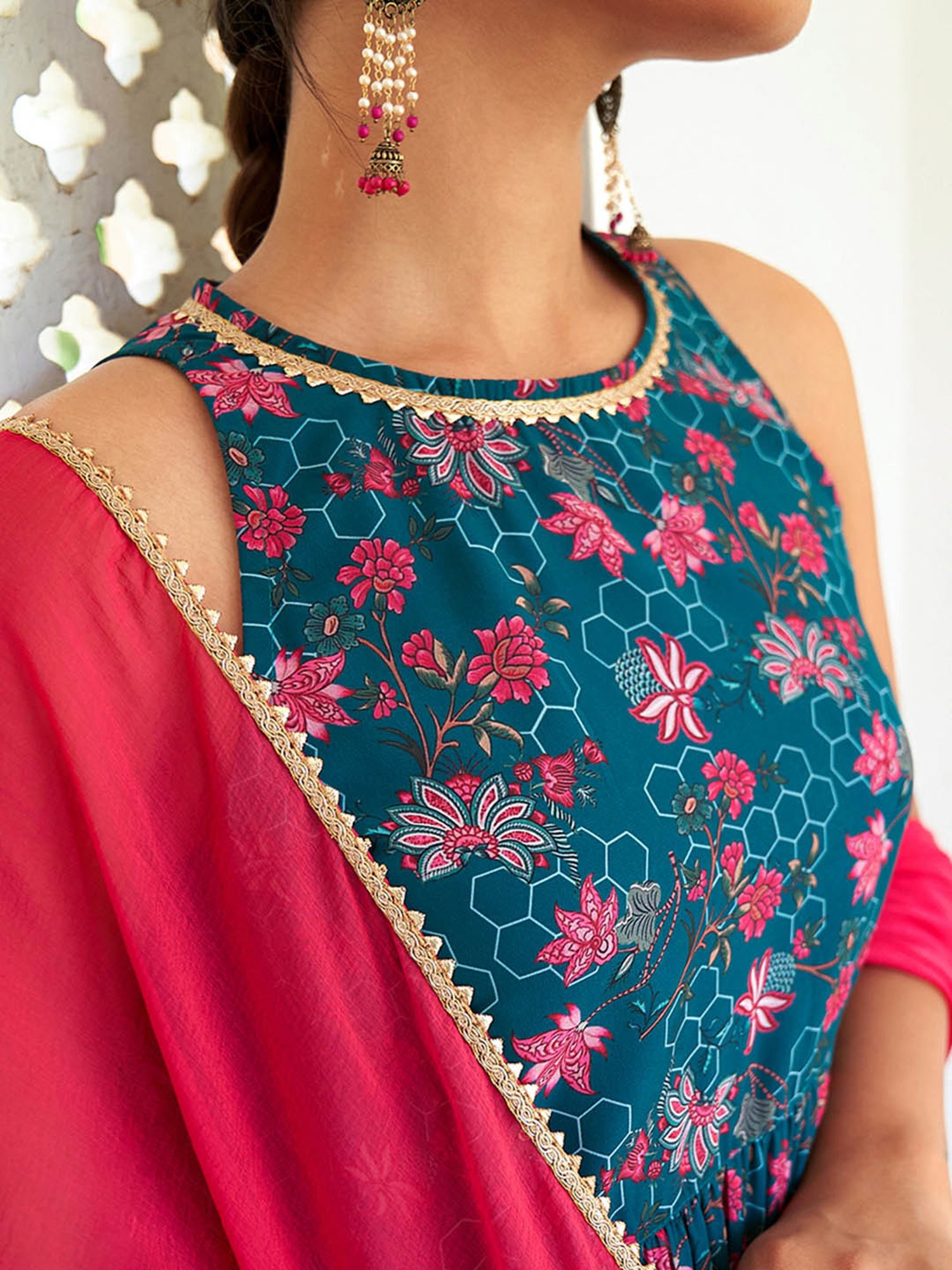 Janasya Teal Floral Print Kurta With Palazzo & Dupatta