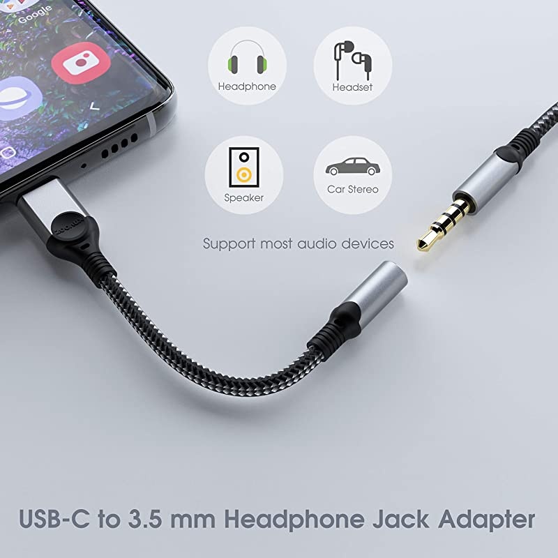 USB Type C to 3.5mm Headphone Jack Adapter,  Audio Adapter USB C to Aux Dongle Cable Cord for Pixel 4 3 2 XL, Samsung Galaxy S21 S20 Ultra S20+ Note 20 10 S10 S9 Plus ipad Pro and More (Grey)