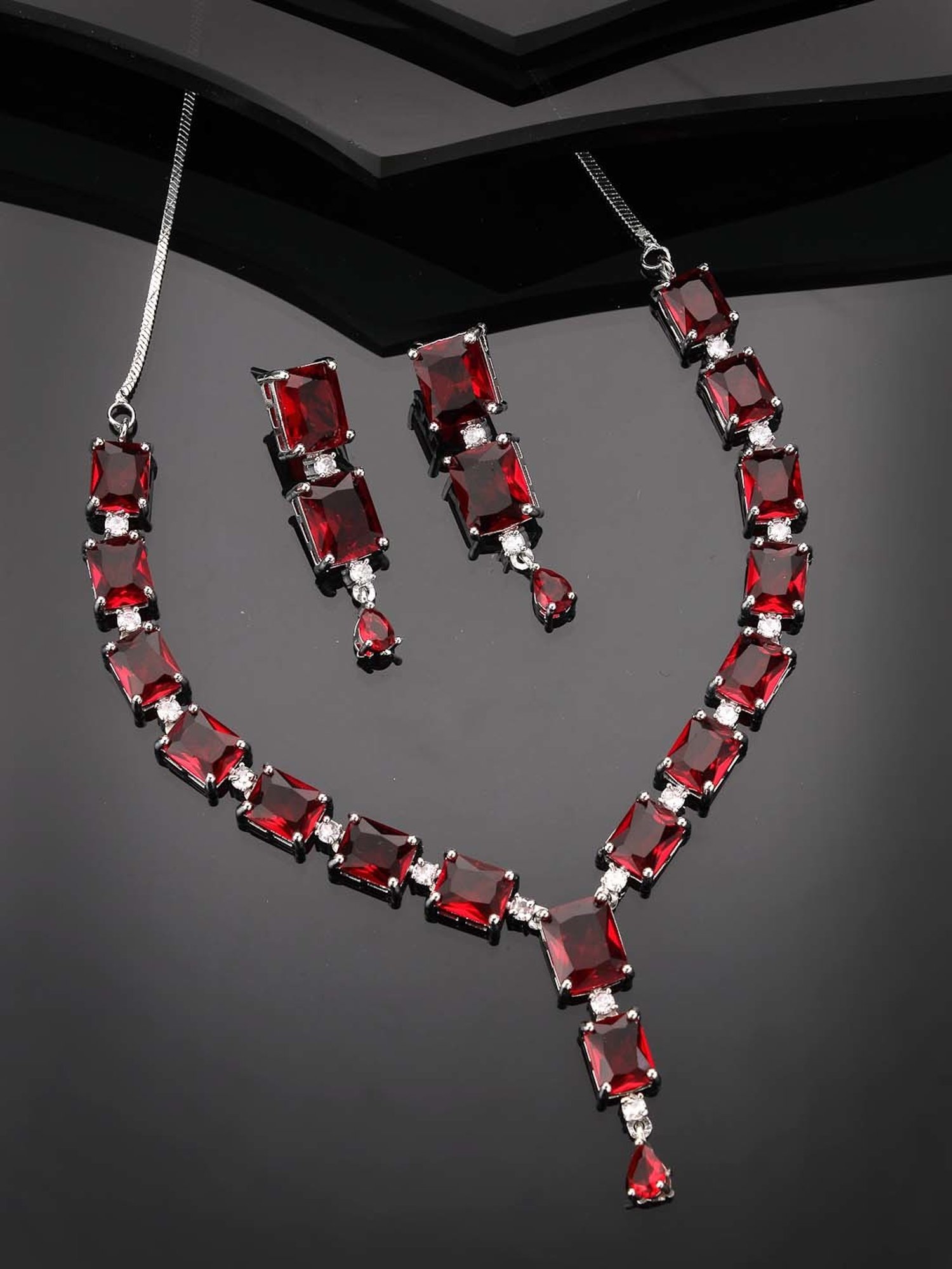NVR Silver Plated & Maroon CZ Stone Handcrafted Jewellery Set for Women