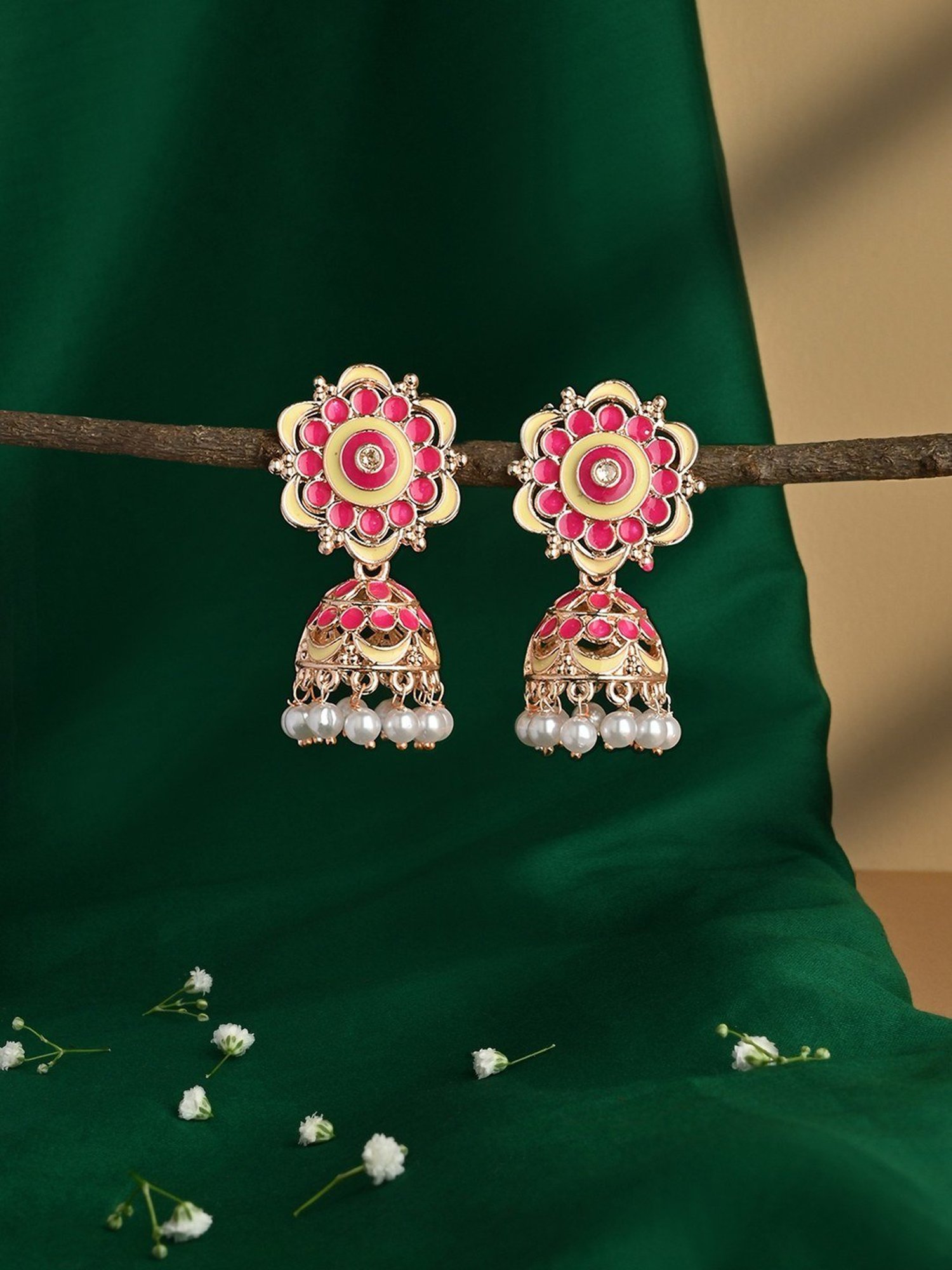 Fida Pink and Gold Plated Floral Pearl Meenakari Jhumki Earrings for Women