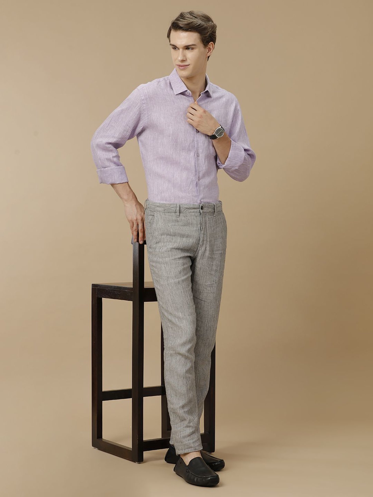 Linen Club Purple Linen Contemporary Fit Texture Shirt
