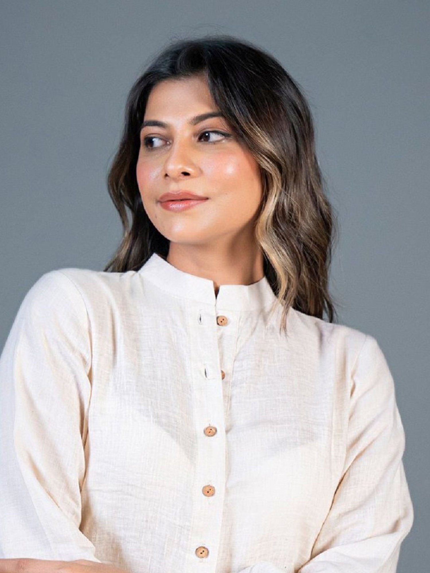 Eeshva India Beige Jabha Style Linen Kurta