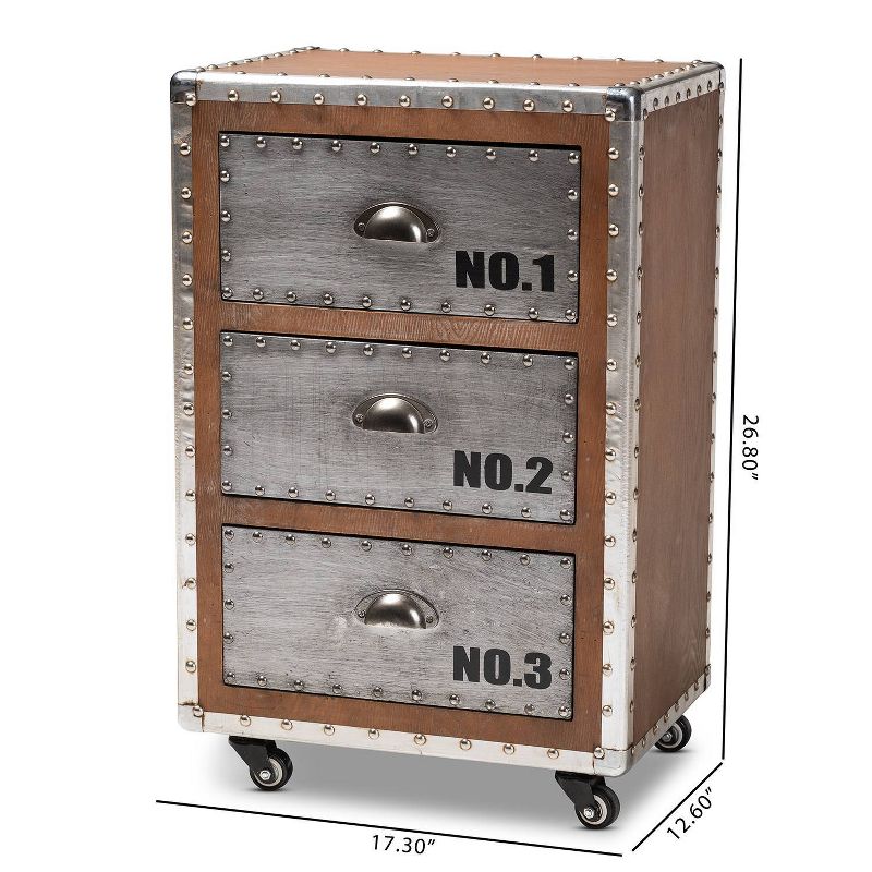 3 Drawer Avere Wood & Metal Rolling Nightstand Sliver - Baxton Studio