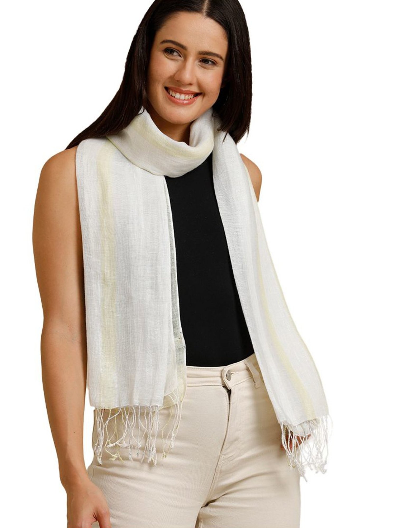 Linen Club White Striped Pure Linen Stole
