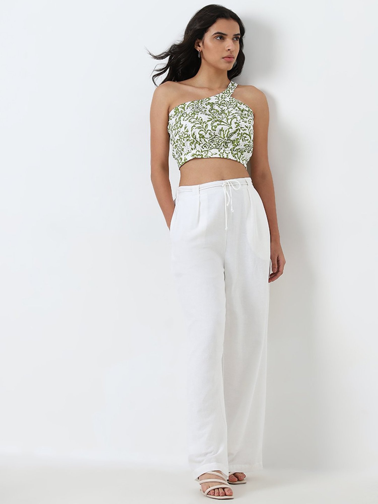 LOV by Westside Green Foliage Design One-Shoulder Cotton Top