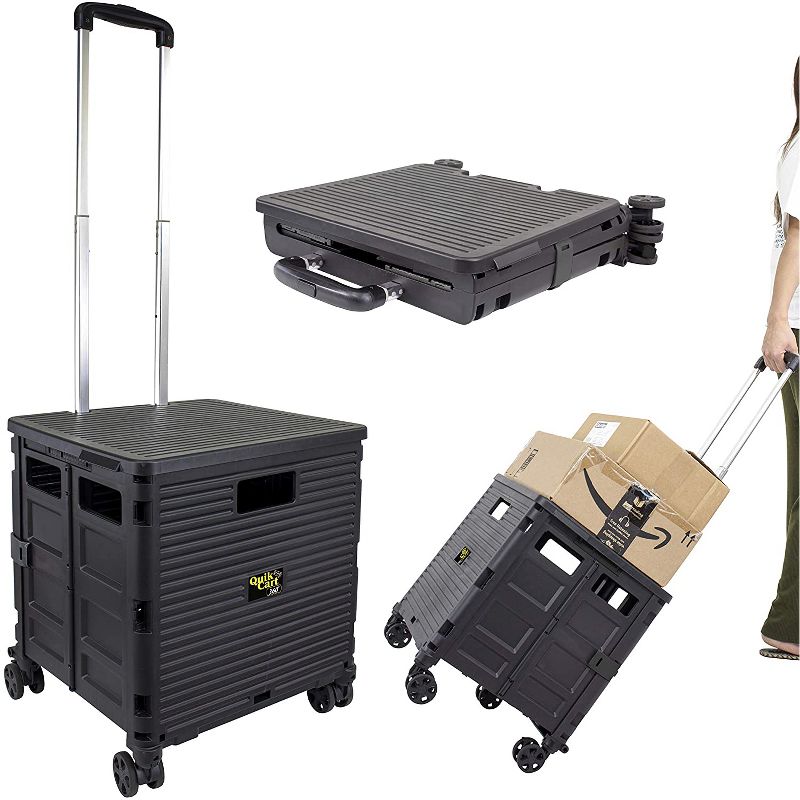 dbest products Quick Cart Elite 360 4 Wheeled Collapsible Foldable Rolling Utility Dolly Basket Tote for Tools, Files, and Art Supplies, Black