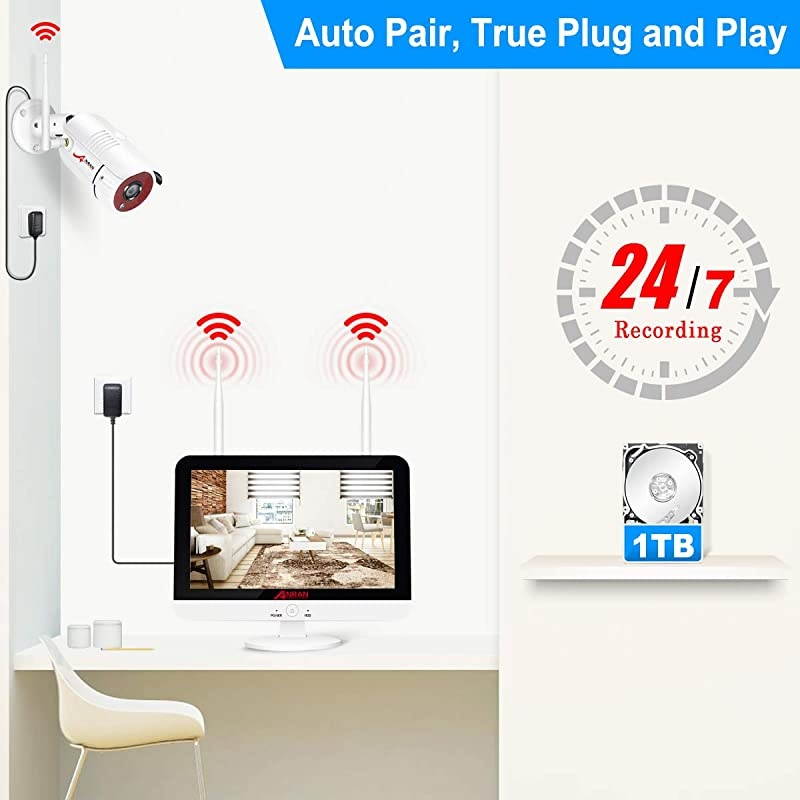 8CH Expandable]  All-in-one Wireless Security Camera System with 13'' LCD Monitor, 8CH 1080P WiFi NVR Kits Pre-Install 1TB Hard Drive and 4pcs Outdoor Cameras with Night Vision/Motion Detection