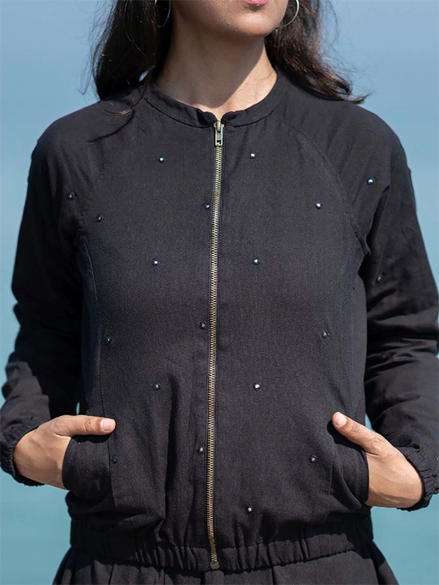 Okhai Sitaare Black Pure Cotton Hand Embroidered Bomber Jacket